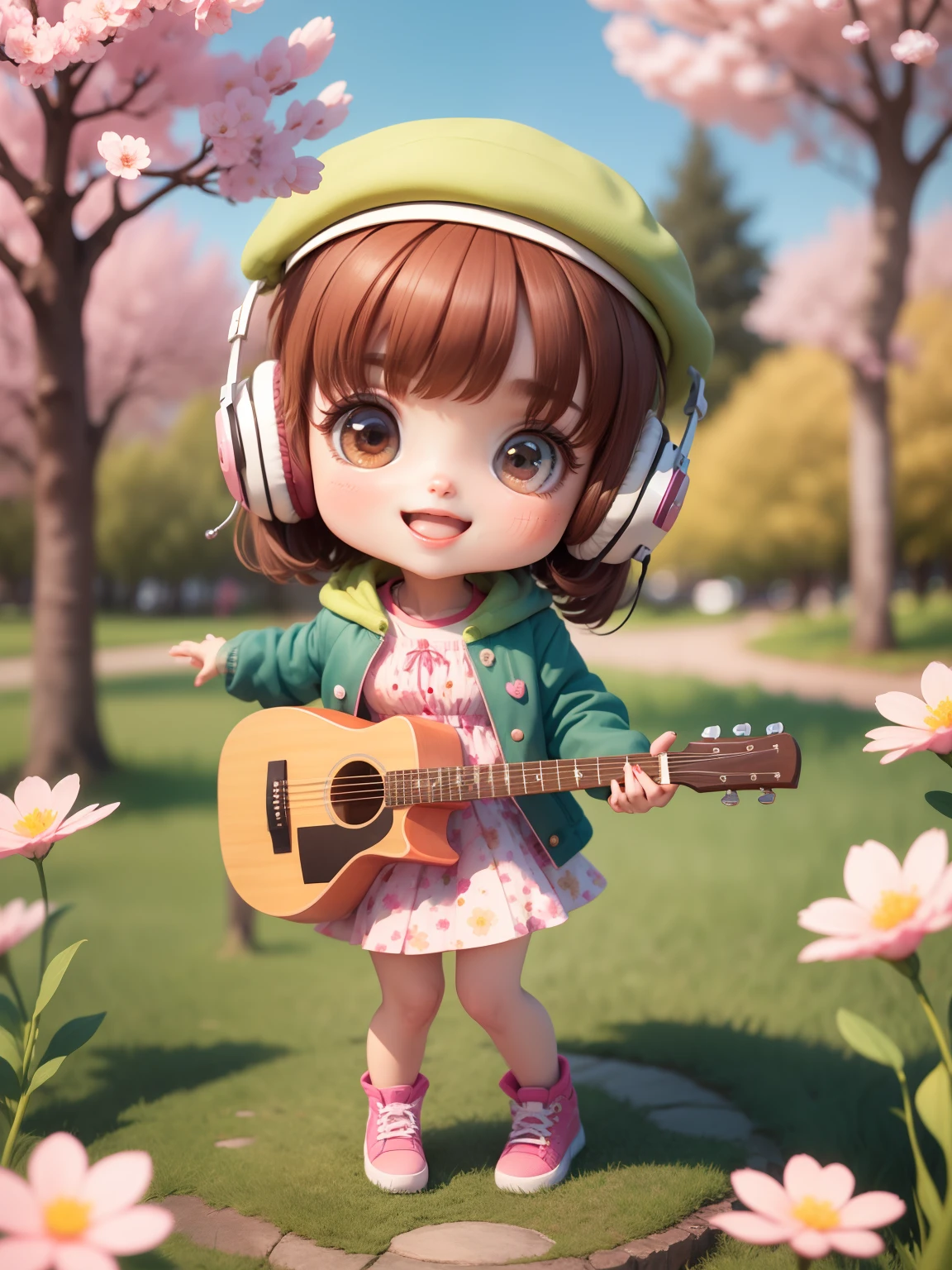 (masterpiece),(best quality),(ultra-detailed), (full body:1.2), 1girl,chibi,cute, smile, open mouth, flower, outdoors, playing guitar, music, beret, holding guitar, jacket, blush, tree, :3, shirt, short hair, cherry blossoms, green headwear, blurry, brown hair, blush stickers, long sleeves, bangs, headphones, black hair, pink flower, (beautiful detailed face), (beautiful detailed eyes),