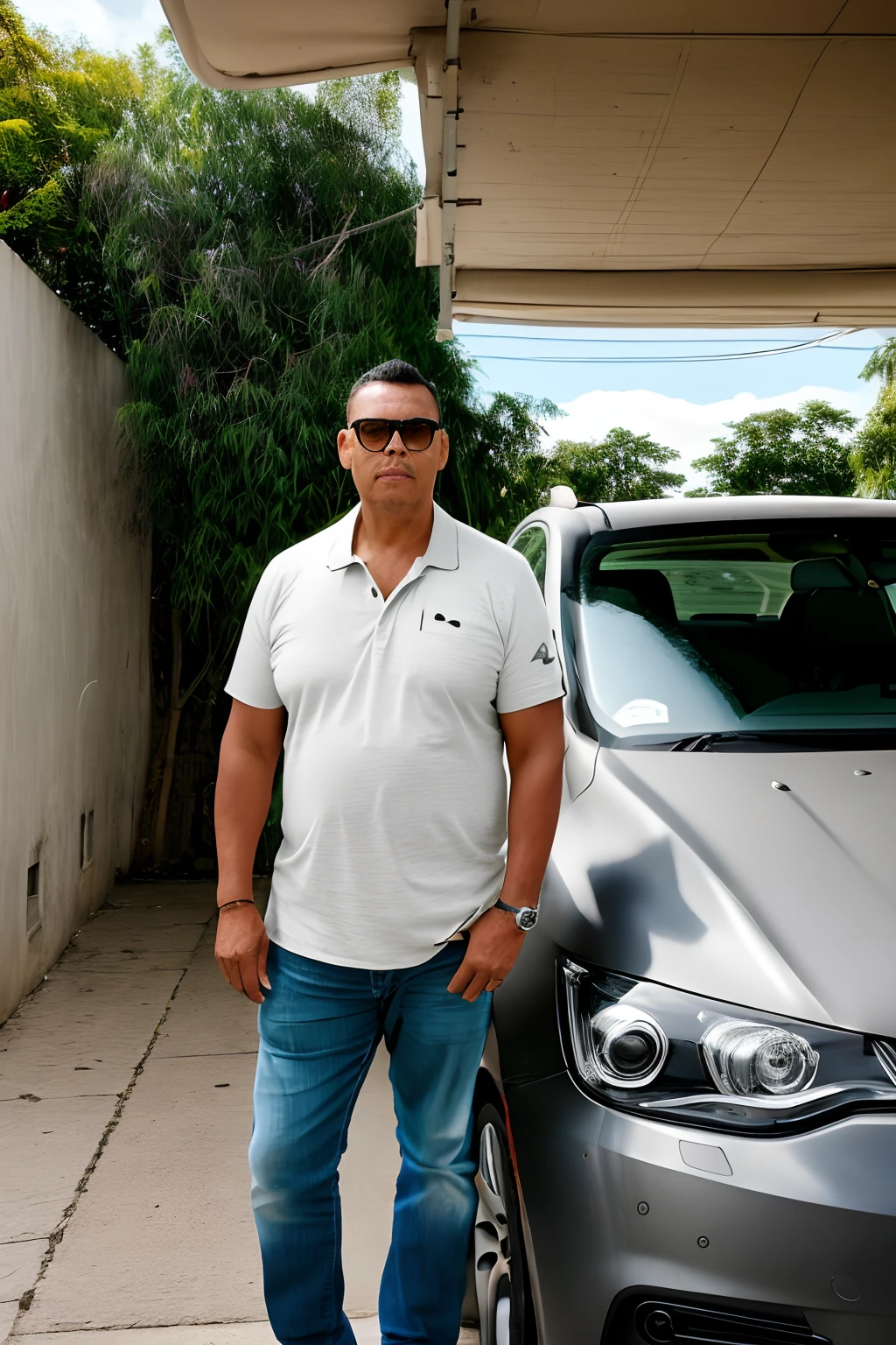 guttonervision8, Promotional photo for magazine cover of A silver gray sedan car with the front facing the viewer and next to the car a man in sunglasses looking at the viewer, Facing the camera squarely, with your hands in your pockets, vestindo camiseta polo preta, calca bege estilo safari com bolsos laterais e botina de trilha. Cenario noturno com chao molhado e edificios de ambos os lados ds rua iluminada pelas luzes da rua. Fotografia para propaganda de motorista particular. (hiper-realismo: 1.3), (fotorrealista, 8k, UHD: 1.3), (hiper detalhado: 1.2), fotografia com tecnica chiaroscuro