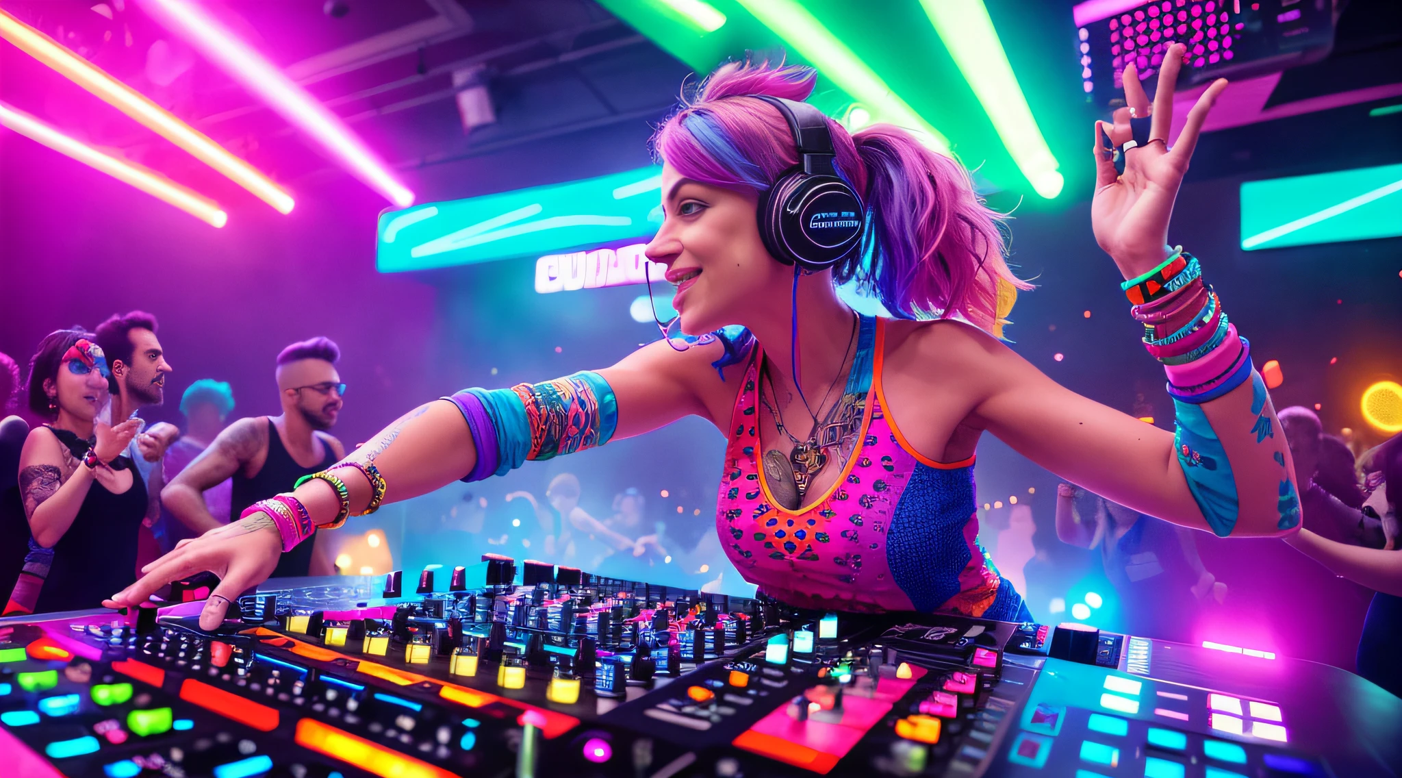 Upper body,  Female DJ, Colorful clothes , Quirky, Vibrant appearance,  Playful accessories, ssmile，Sweet expression，Creative behavior, Imaginative, Sensual, Spontaneous, DJ headphones, Mixing Console, Music Clubs, night club, Independent cinema, People dancing on dance floor background,  Underground danceclub,  Highest quality, Skin texture, Intricate details, (Cinematic lighting), RAW photo, 8K
