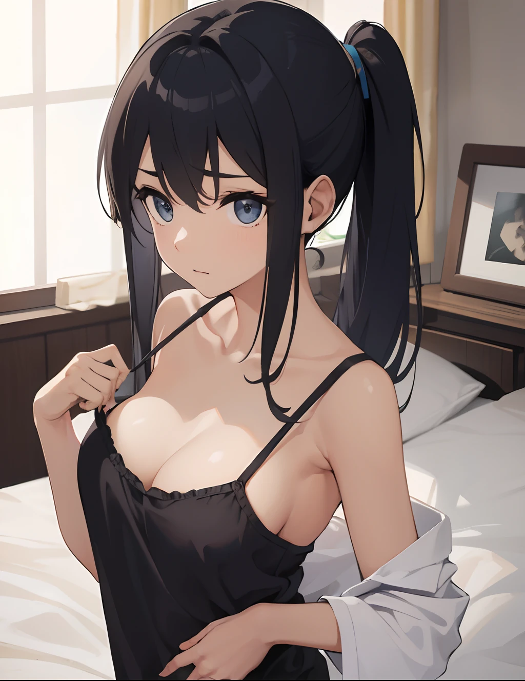 Melhor qualidade, extremely high-resolution, obra-prima, garota,1girl,solo,cabelo preto, cabelo curto, olhos castanhos claro,sentada na cama, hands back, camisola branca,coxas grossas,coxas nuas,mid chest, Shy,shy look, olhando para baixo, olhando para o telespectador,corando, adulto,coxas maiores,middlebreasts,foco nas coxas