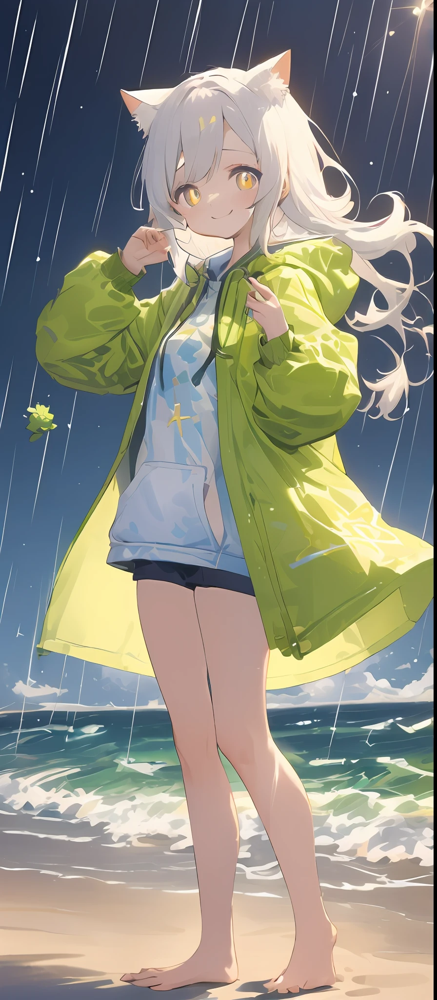 Long white hair,,cat ear,Golden pupils,sandbeach,little bit of raining,deep in the night,full bodyesbian,wind coat,leisure wear,Barefoot,Bare legged,Smiling face,sideways standing,sideface,Raise a hand, Biye,sprout,Poor milk