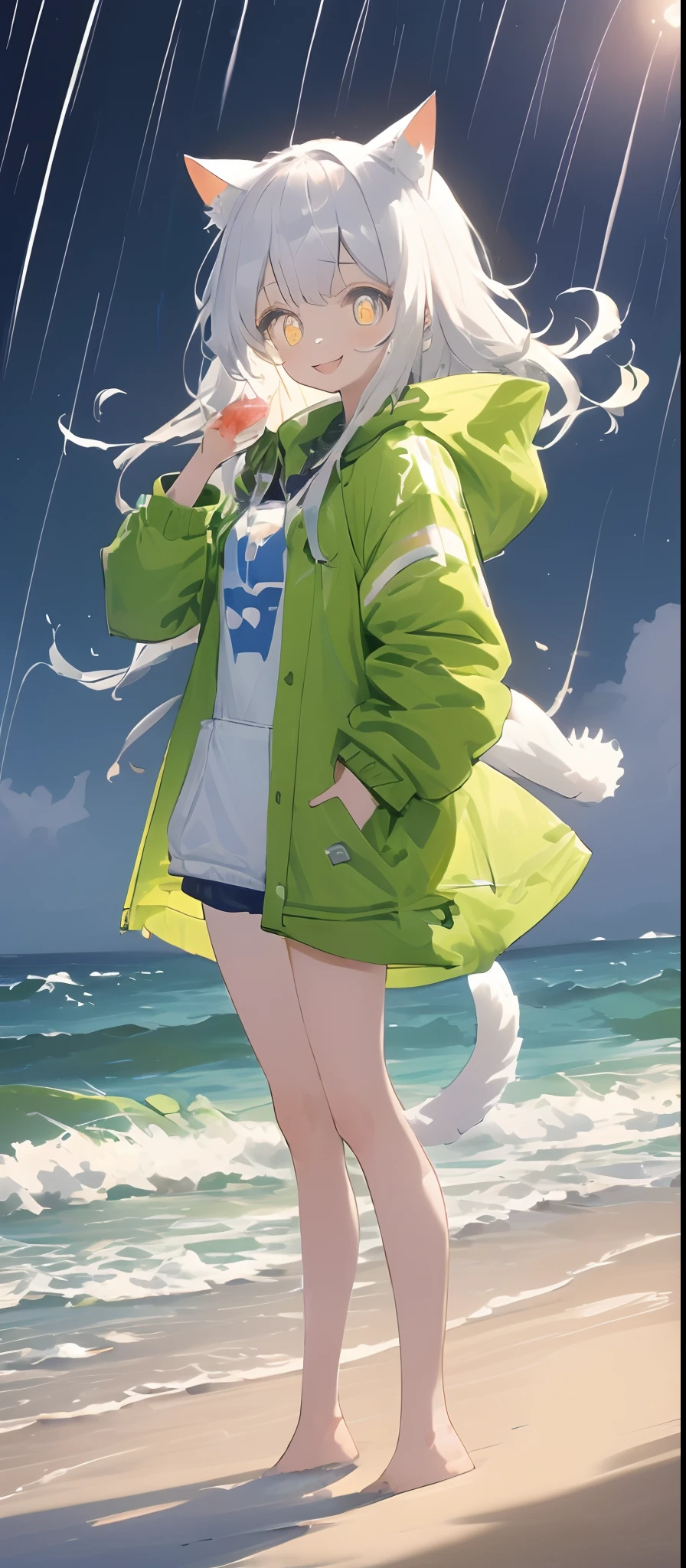 Long white hair,，cat ear，Golden pupils，sandbeach，little bit of raining，deep in the night，full bodyesbian，wind coat，leisure wear，Barefoot，Bare legged，Smiling face，sideways standing，sideface，Raise a hand， Biye，sprout，Poor milk