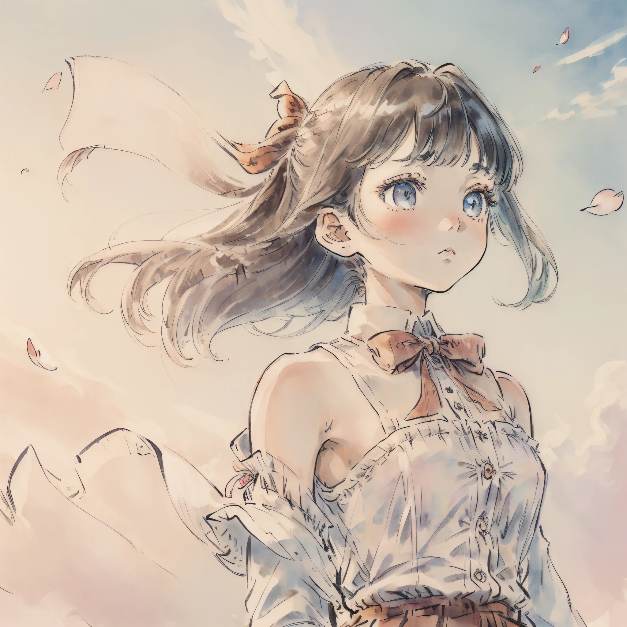 (((masterpiece))), (((best quality))), ((ultra-detailed)), (illustration), (1 girl), (solo), ((an extremely delicate and beautiful)), little girl, ((beautiful detailed sky)), beautiful detailed eyes, side blunt bangs, hairs between eyes, ribbons, bowties, buttons, bare shoulders, (small breast), blank stare, pleated skirt, close to viewer, ((breeze)), Flying splashes,  Flying petals, wind