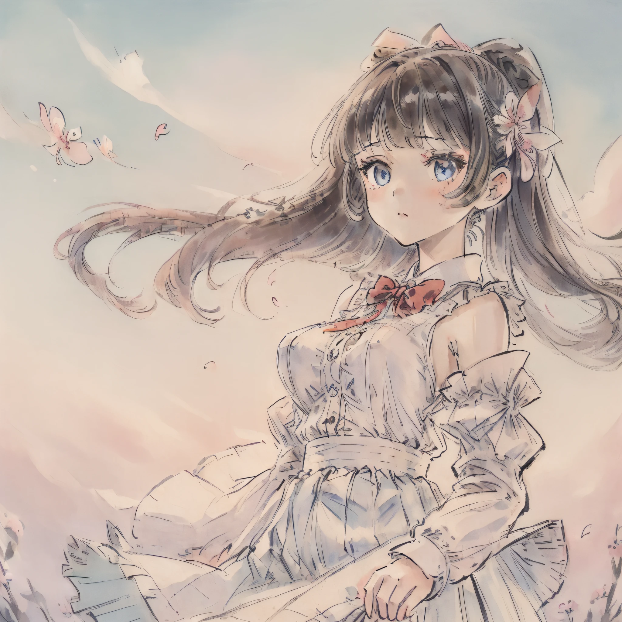 (((masterpiece))), (((best quality))), ((ultra-detailed)), (illustration), (1 girl), (solo), ((an extremely delicate and beautiful)), little girl, ((beautiful detailed sky)), beautiful detailed eyes, side blunt bangs, hairs between eyes, ribbons, bowties, buttons, bare shoulders, (small breast), blank stare, pleated skirt, close to viewer, ((breeze)), Flying splashes,  Flying petals, wind