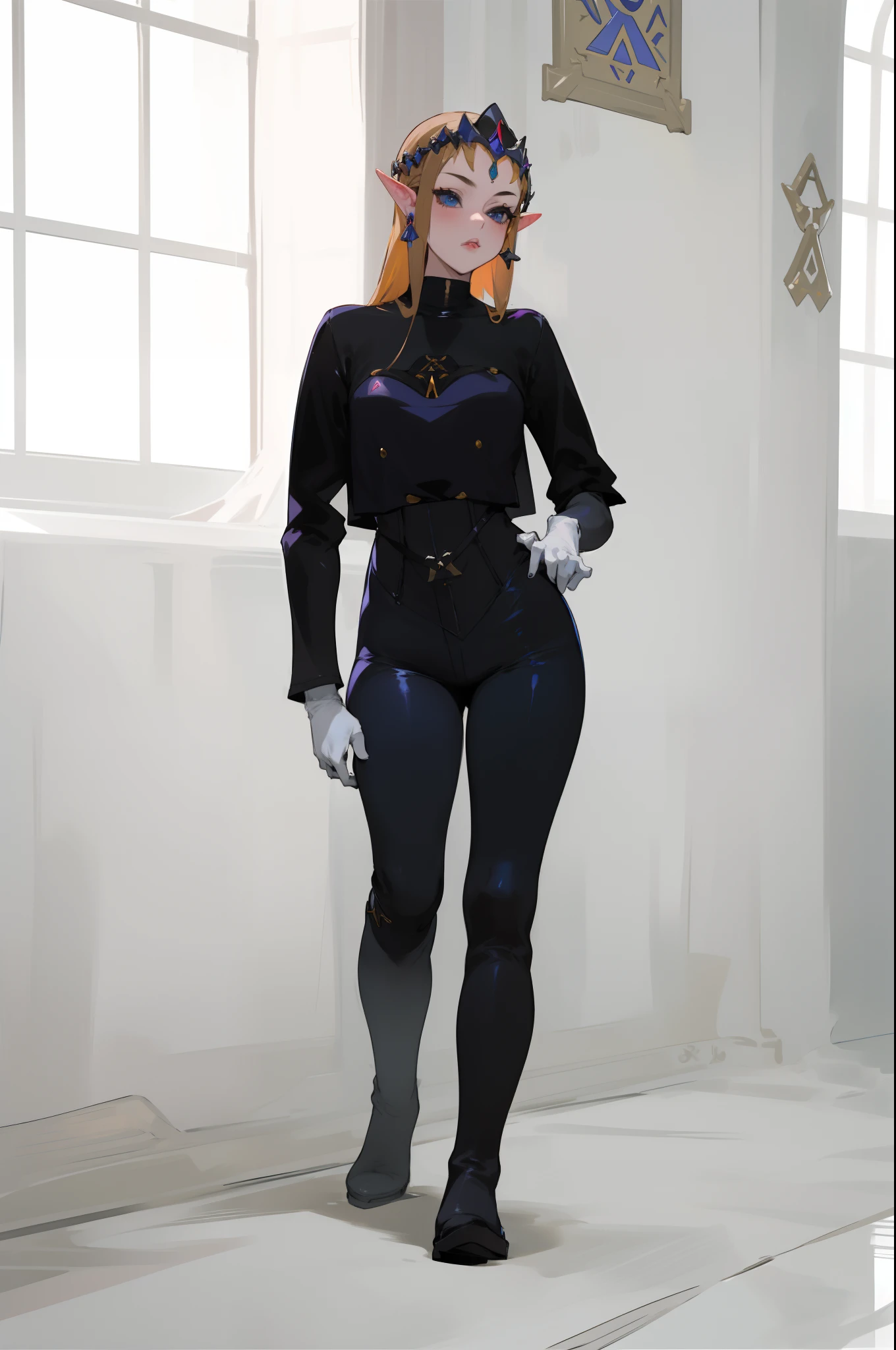masterpiece, best_quality, 1girl, solo, princess zelda, twpr, black knee-high boots, dark pants, gloves, (dominatrix:0.5)