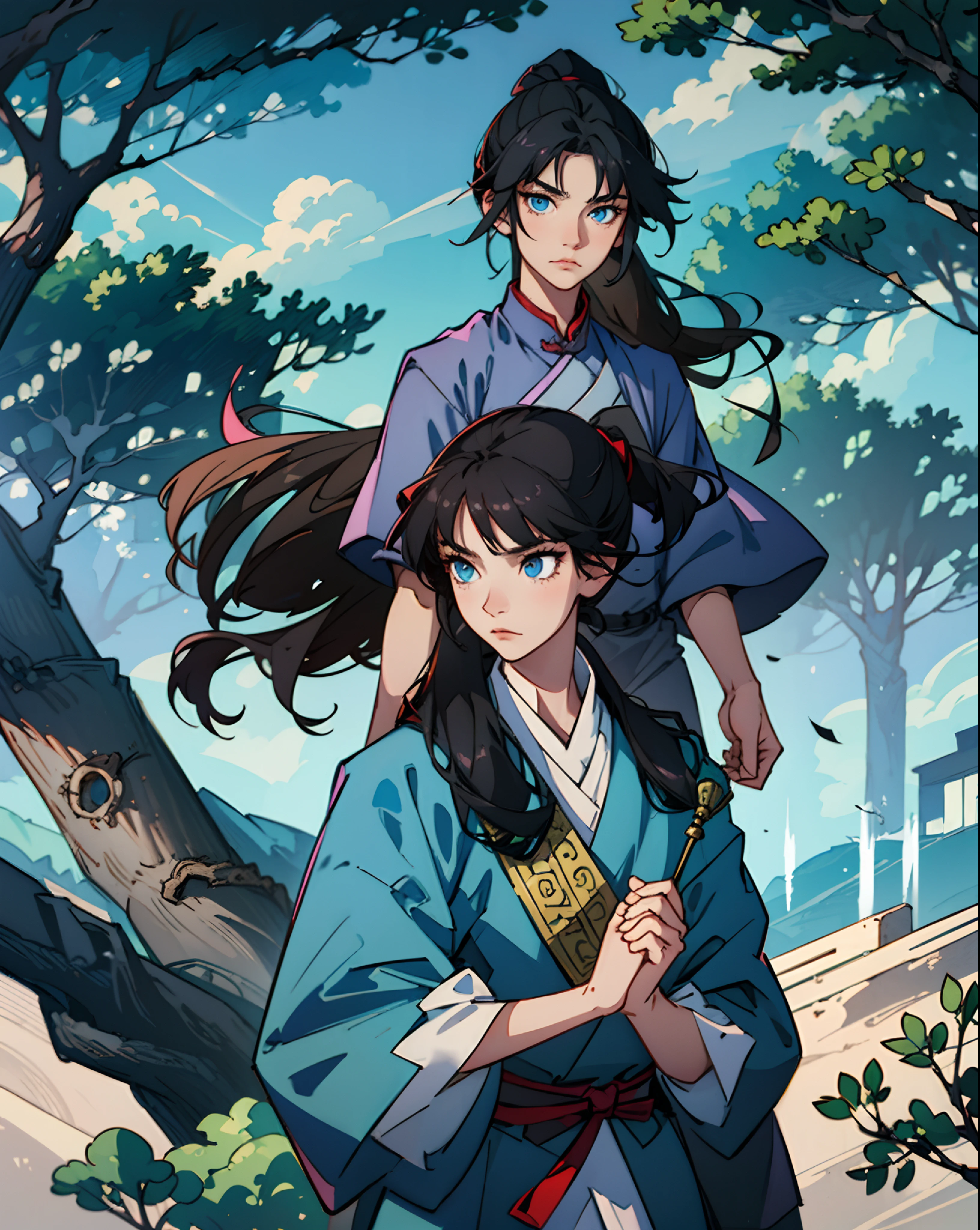 Masterpiece, best, a man, chinoiserie, ancient china, black hair, gray blue eyes, split hair, long hair, long bangs, high ponytail, handsome, masculine, gentle, tall, quiet, teal robe, outdoors, cloak, Branches, windy, young man, with a steady expression and a boxing posture