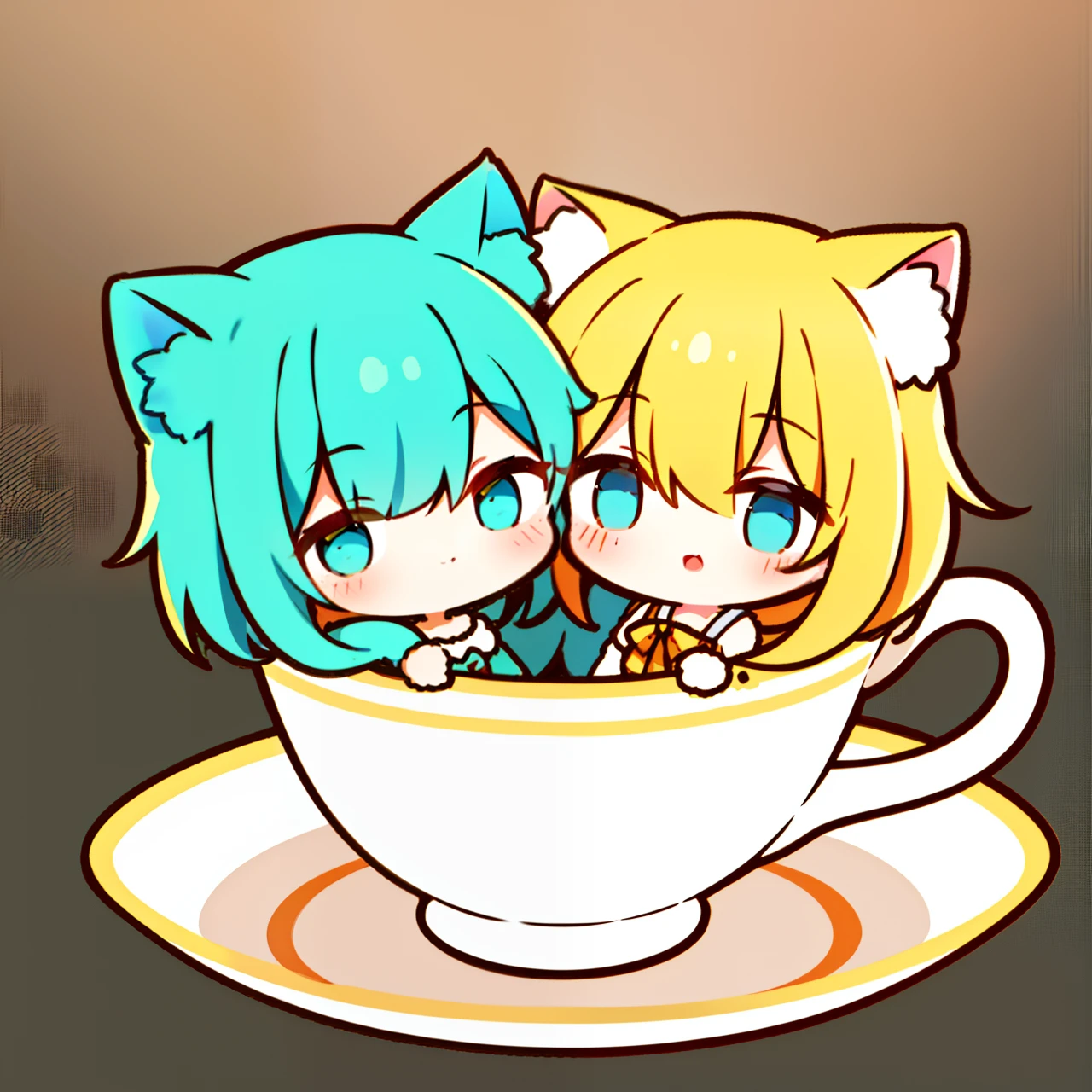 2girl, cat tail,in cup,chibi,