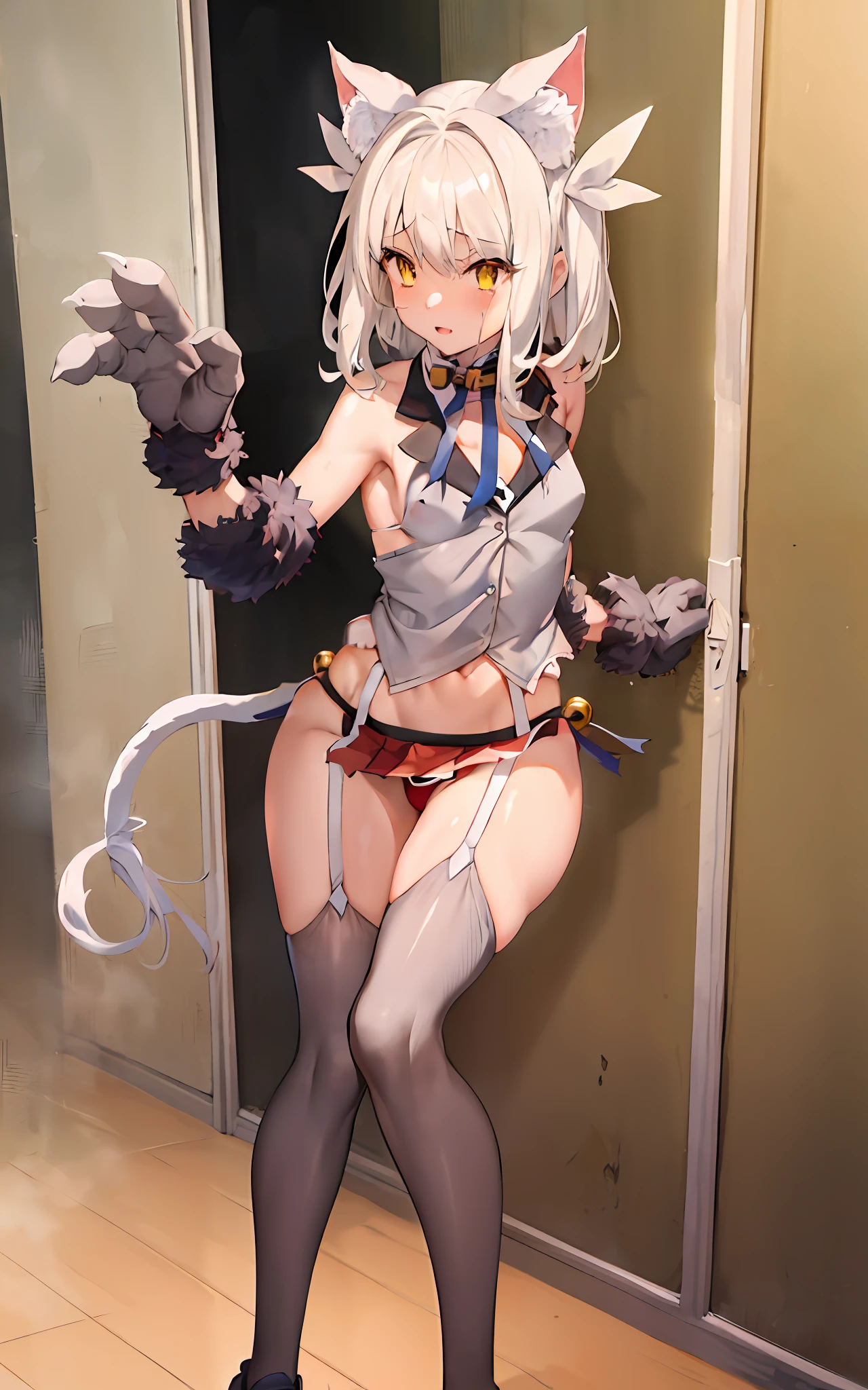 1girl,gym storeroom, Koneko Toujou (DXD), 1girl, white cat ears, (classic uniform), white cat tail, school hallway, red skirt, small breasts, black ribbon,(cosplay\),dangerousbeast,large breasts,wolf girl,elbow gloves,gloves,miyu beast,yellow_theme,
