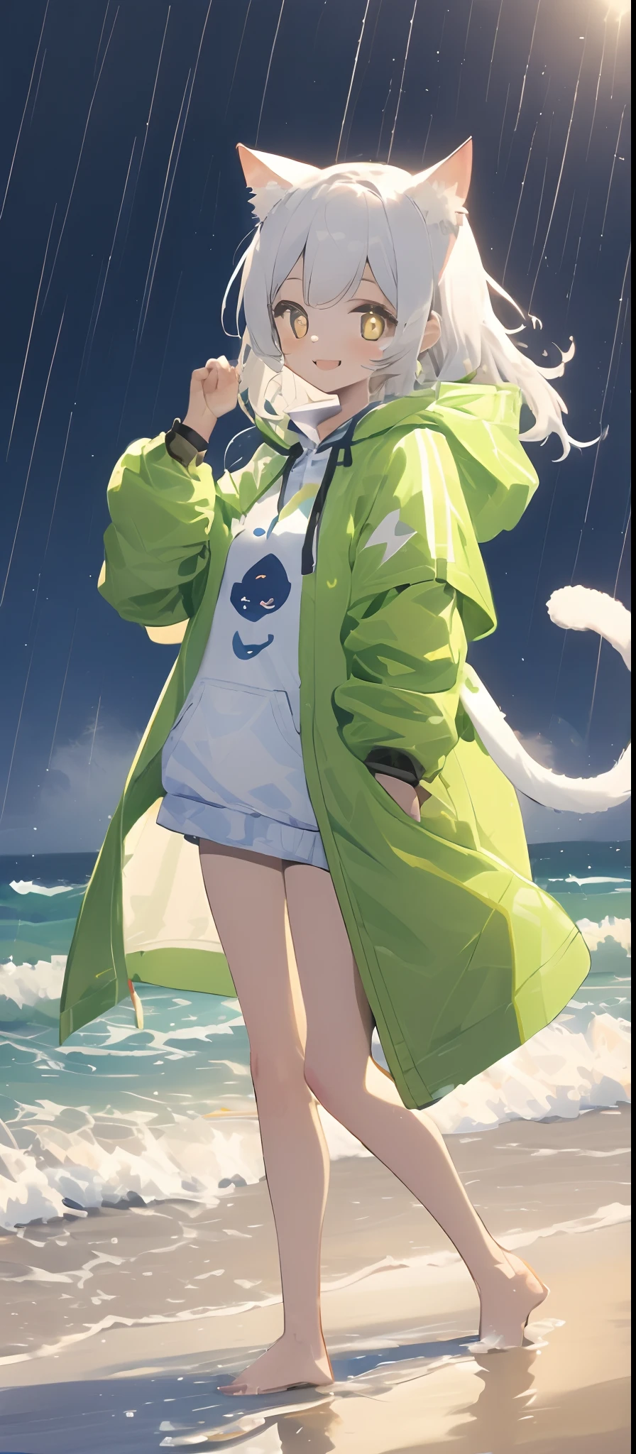 Long white hair,-yeld gicat ear,Golden pupils,sandbeach,little bit of raining,deep in the night,full bodyesbian,wind coat,leisure wear,Barefoot,Bare legged,Smiling face,sideways standing,sideface,Raise a hand, Biye,sprout,Poor milk