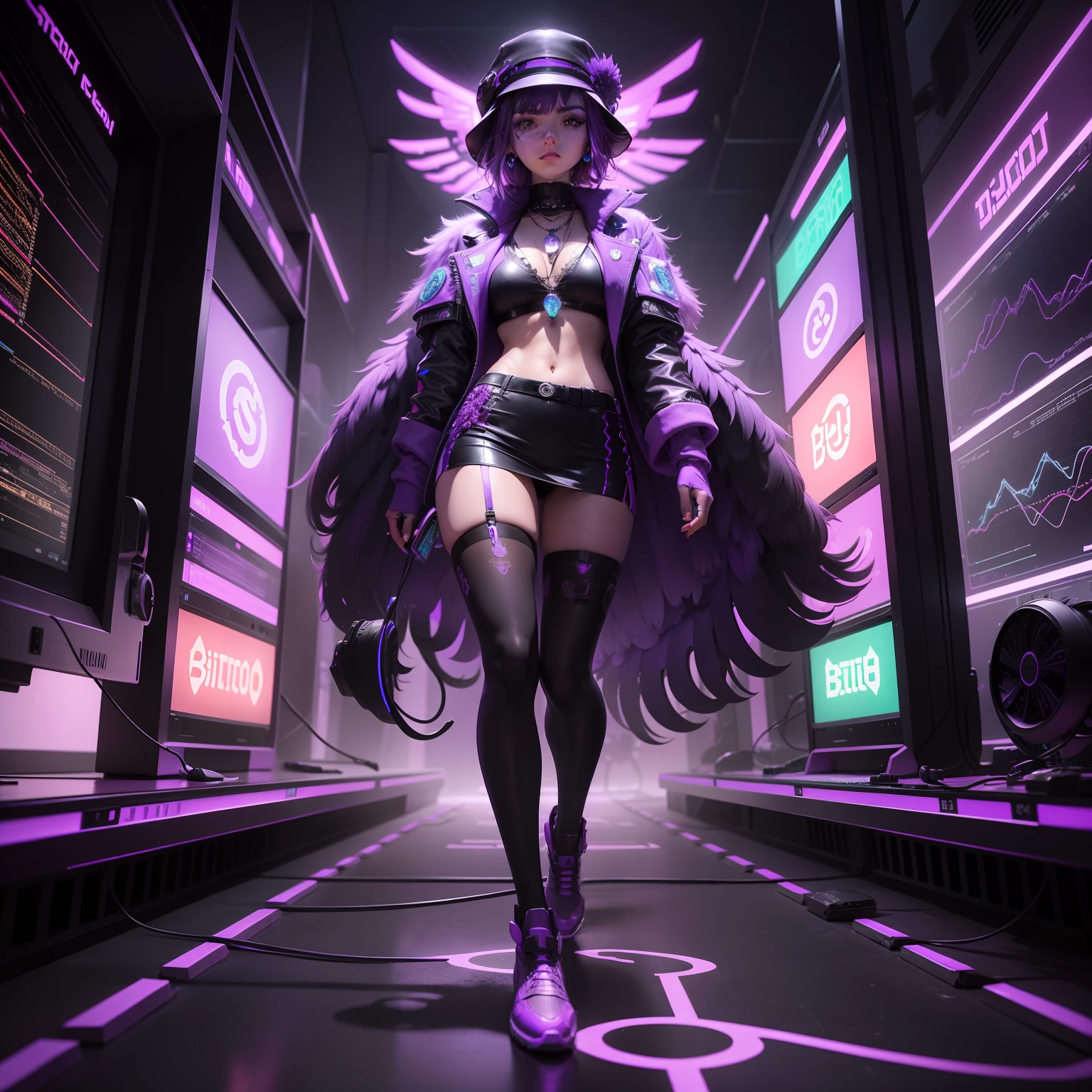 Make a whole purple neon ostrich bird, colar Bitcoin, Bitcoin mining plant,super computadores; amethyst crystal floor,cabos roxo conectando tudo, cyberpunk