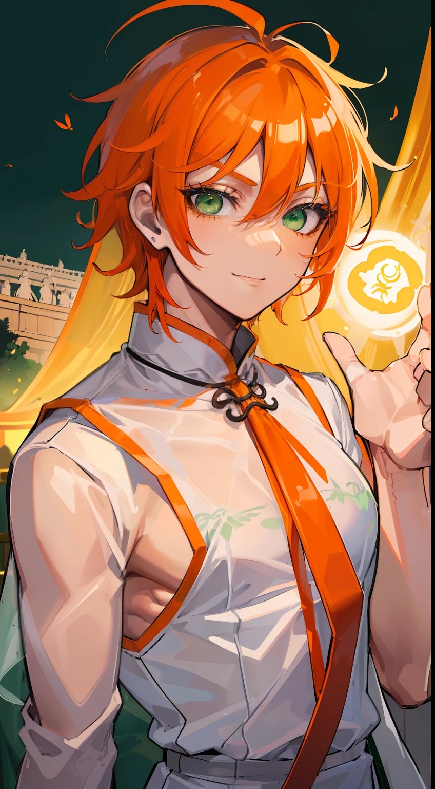 Smile,(((Guy))), (((man))), (((Man's))),(((masutepiece))), (((Beautiful lighting))),(((muscular))),(((man))),(((40 years),(((Green eyes))),(((Orange hair))), Male face,male eyebrows, Male Eyes, Eyelashes, Medium Hair,Beautiful face, v shaped_eyebrow,White skin,Transparent wings,Chinese_Clothes,(((Black clothes,)))garters_lanyard, See-through,The light of the Buddha shines, holy,