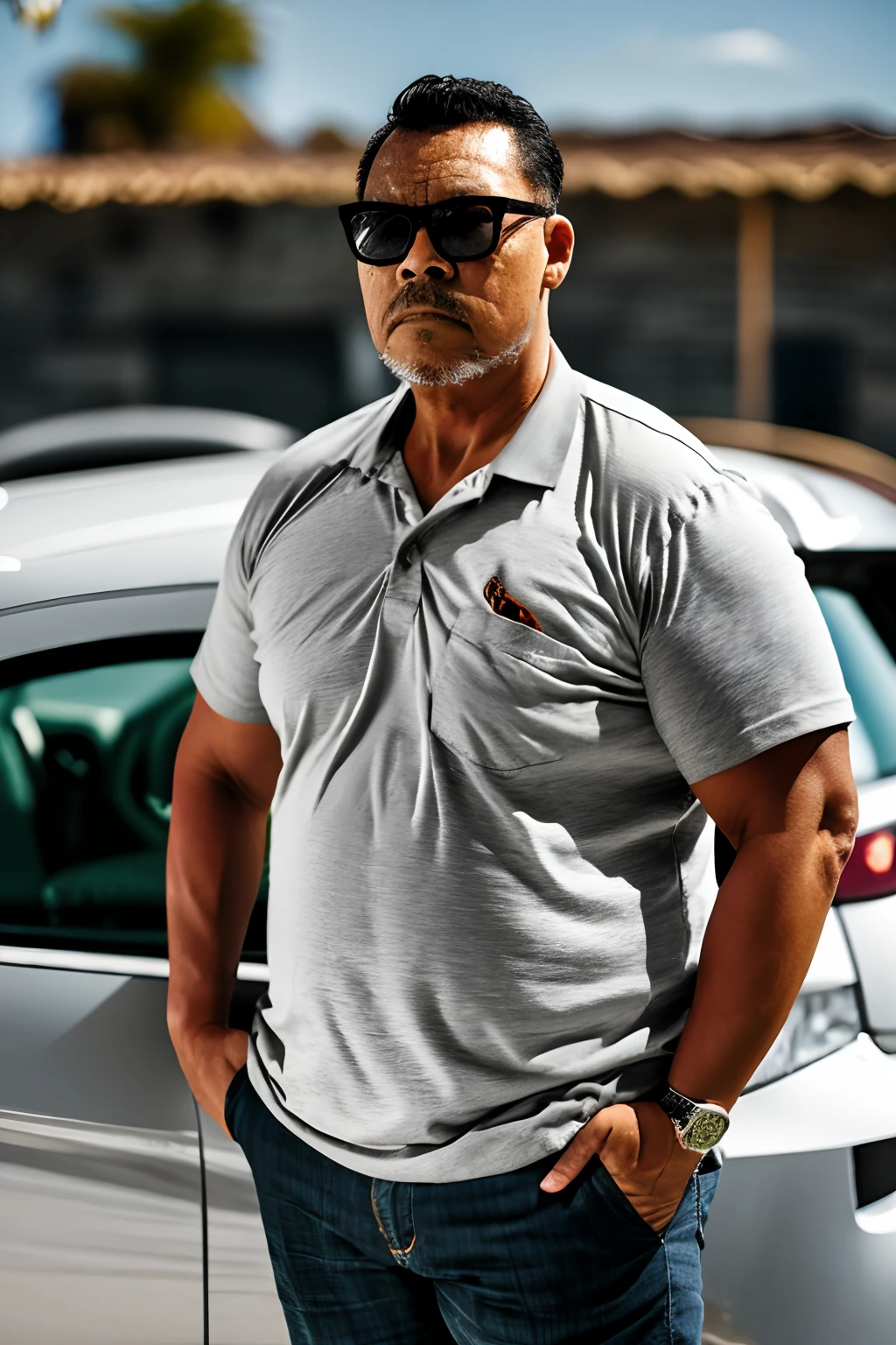 guttonervision8, Promotional photo for magazine cover of a silver gray sedan car with the front facing the viewer and next to the car a man in sunglasses looking at the viewer, Facing the camera squarely, with your hands in your pockets, vestindo camiseta polo preta, calca bege estilo safari com bolsos laterais e botina de trilha. (((cenario noturno))) com (((chao molhado))) e edificios de ambos os lados ds rua iluminada pelas luzes da rua. Fotografia profissional com camera Fujifilm XT3 (hiper-realismo: 1.3), (fotorrealista, 8k, UHD: 1.3), (hiper detalhado: 1.2), Photography with Chiaroscuro Technique