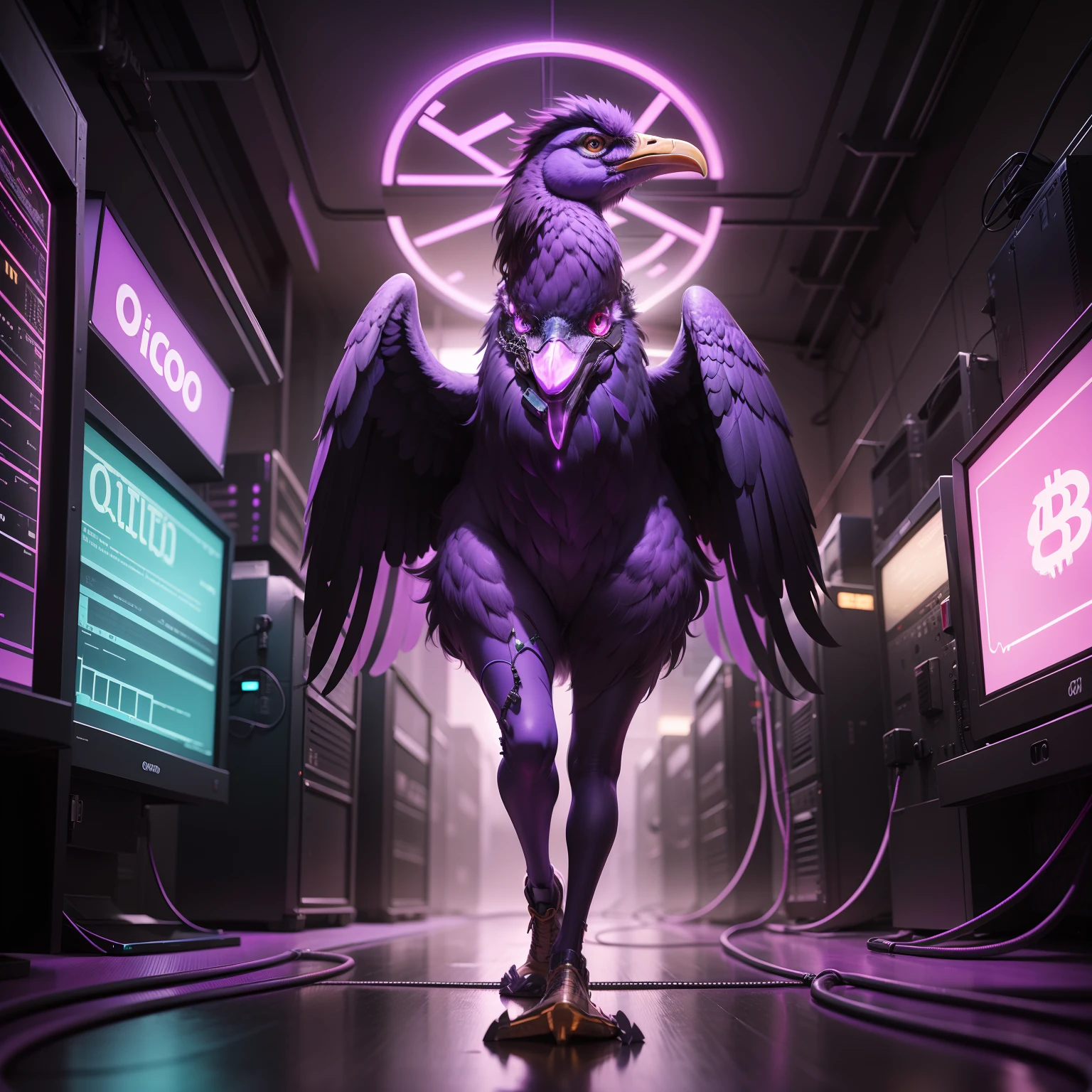 Make a whole purple neon ostrich bird, colar Bitcoin, Bitcoin mining plant,super computadores; amethyst crystal floor,cabos roxo conectando tudo, cyberpunk