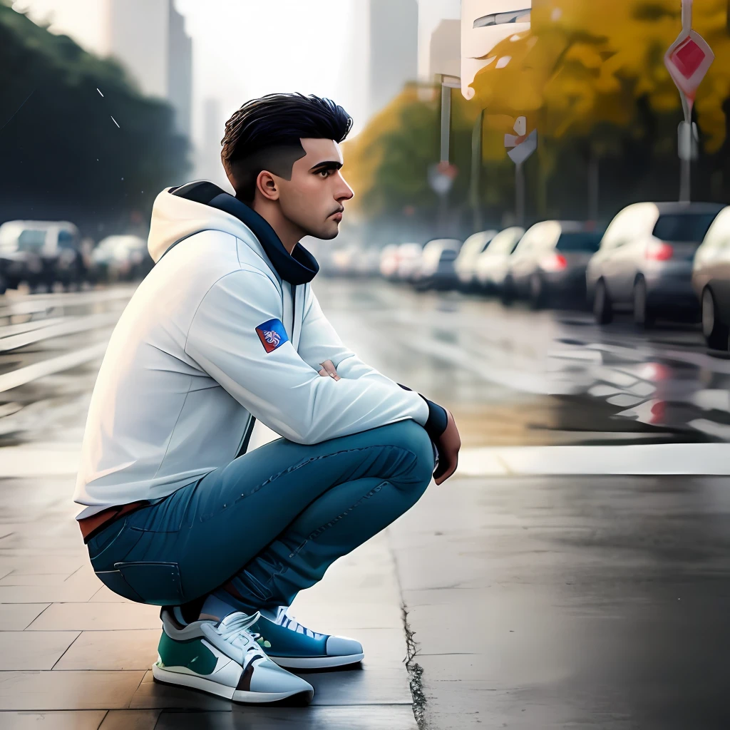 Melhor qualidade de imagem, obra-prima, super high res, (fidelidade: 1.4), foto, 1 elefante, camisa branca, jeans rasgado, white sneakers, escuro, darkeness, desespero, pena, pobre, filme, Teary, teardrop drops, (roupas rasgadas: 1.5), (roupas molhadas: 1.4), ombros nus, chuva real, cabelo molhado,..