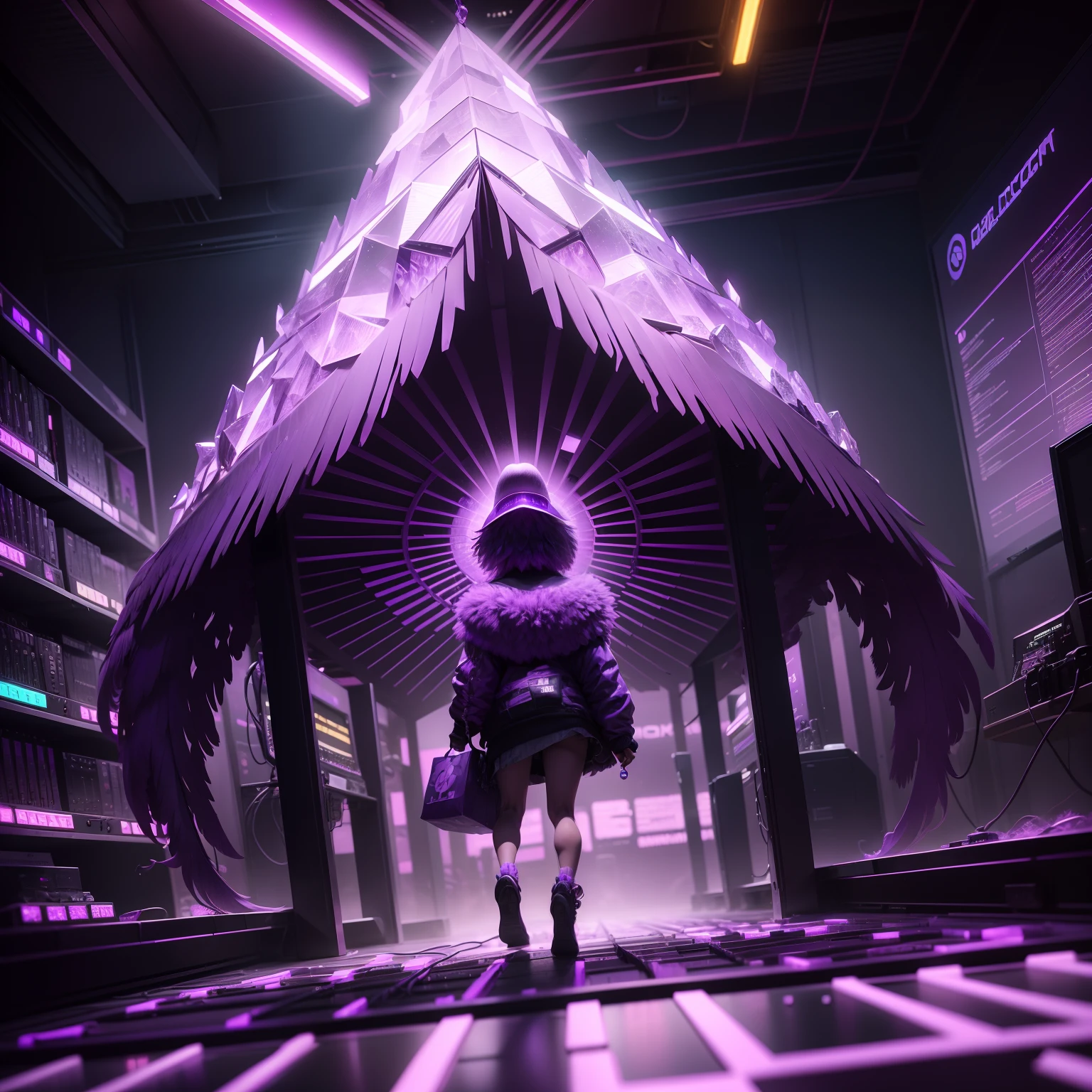 Make a whole purple neon ostrich bird, colar Bitcoin, Bitcoin mining plant,super computadores; amethyst crystal floor,cabos roxo conectando tudo,