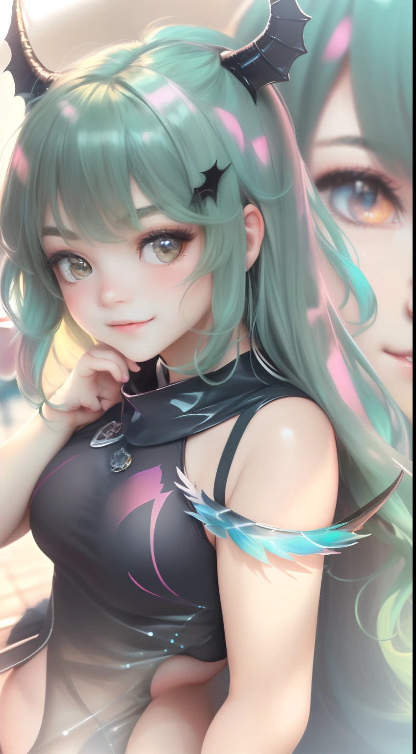 ((top-quality, 8K, ​masterpiece:1.4)), (Photorealsitic, Raw photography, Top image quality:1.5), beautiful  lighting, Movies in which girls shine, realistic shadow, huge filesize, Vibrant colors, Brilliant image quality, colourfull, Fantasia [hight resolution], (17-year-old beautiful girl:1.6), (Lori:1.2), (Junior Idol), Well-formed fingers, ((Cute pose with arms crossed behind your back:1.5)), ((Glittering Perfect Beautiful Girl:1.3)), a handsome, a cool, (innocent smiles:1.2), ((Super Cute Super Beautiful Girl)), (Crisp and gentle eyes), dual, (with blush cheeks:1.4), ((morning、Beautiful girl with demon wings and tail in transparent sexy black devil costume:1.3)), (Cute blue-green hair in short cut), (Show me your cute naughty ass:1.4), Perfect and beautiful body, Lovely room, Innocent Girl, Japan beautiful girl, Shines