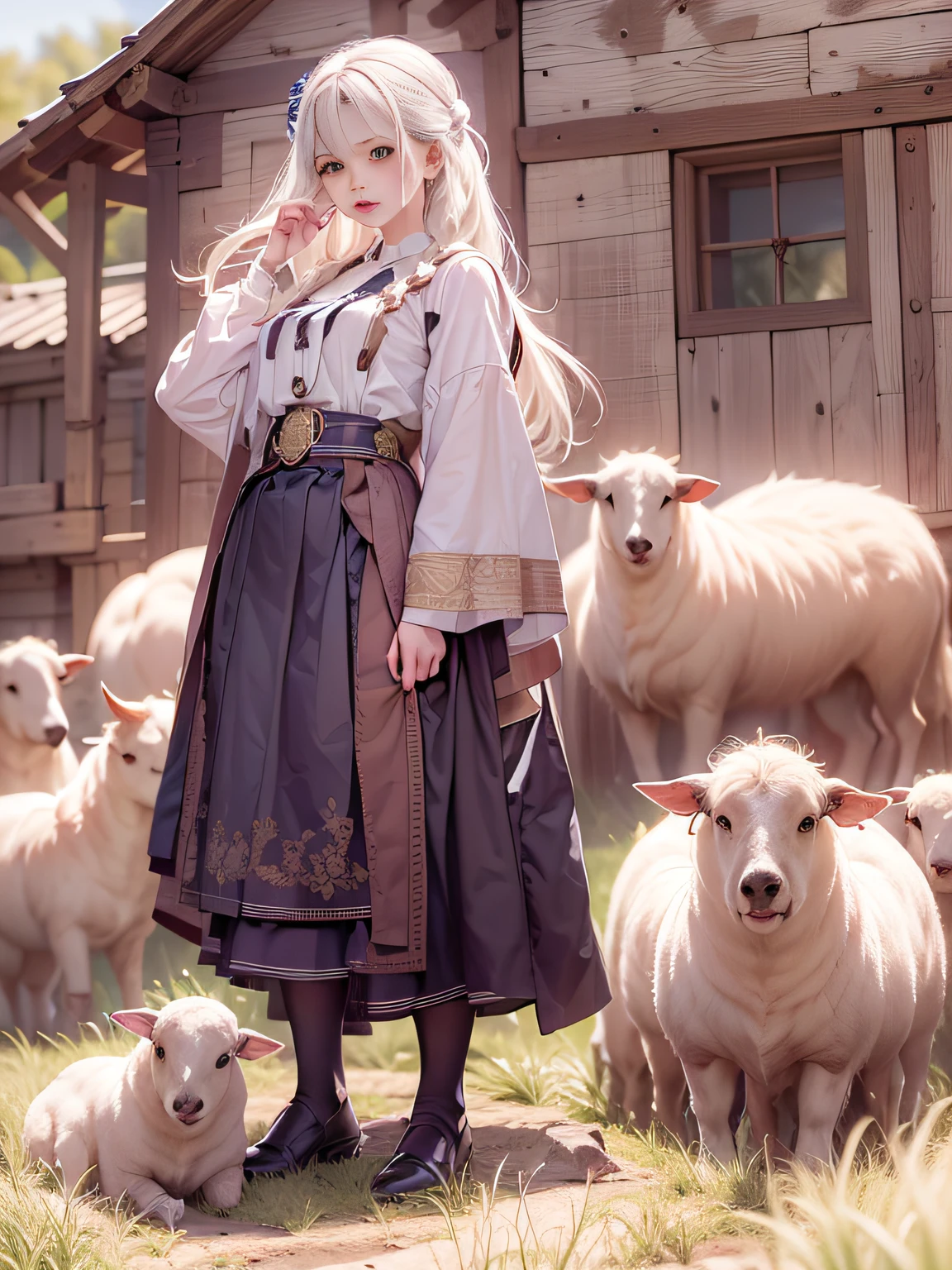 Then、The sheep called out to him from the wormy belly, If they are bloated in the field, He was a pastoralist, The school building is almost the size of flax and empty-handed.,Correct human anatomy,white hair, twin braids, very long hair, wide shot, Wide-Angle, f/16, 35mm, super detail, textured skin, high details, high quality, best quality, highres, award winning,Familiar Shepherd Girl,extremely beautiful lady,Polish women,Photoquality,Realistic Girl,milky skin,Realistic Girl, girl,albino girl,((Rustic shepherd's clothes)),small tits,Thin leg,Whitehair,Blue eyes,You can see a small old wooden schoolhouse in the distance,