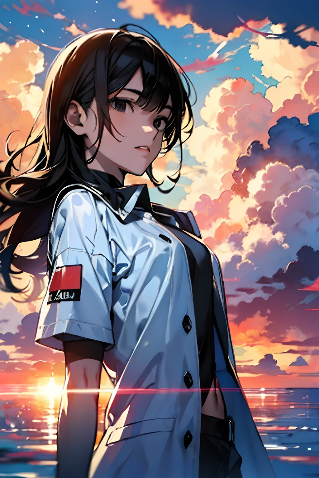 Clouds float in the sky,A teenager with black hair and black eyes,Although it is a male body, it shows the appearance of a woman。