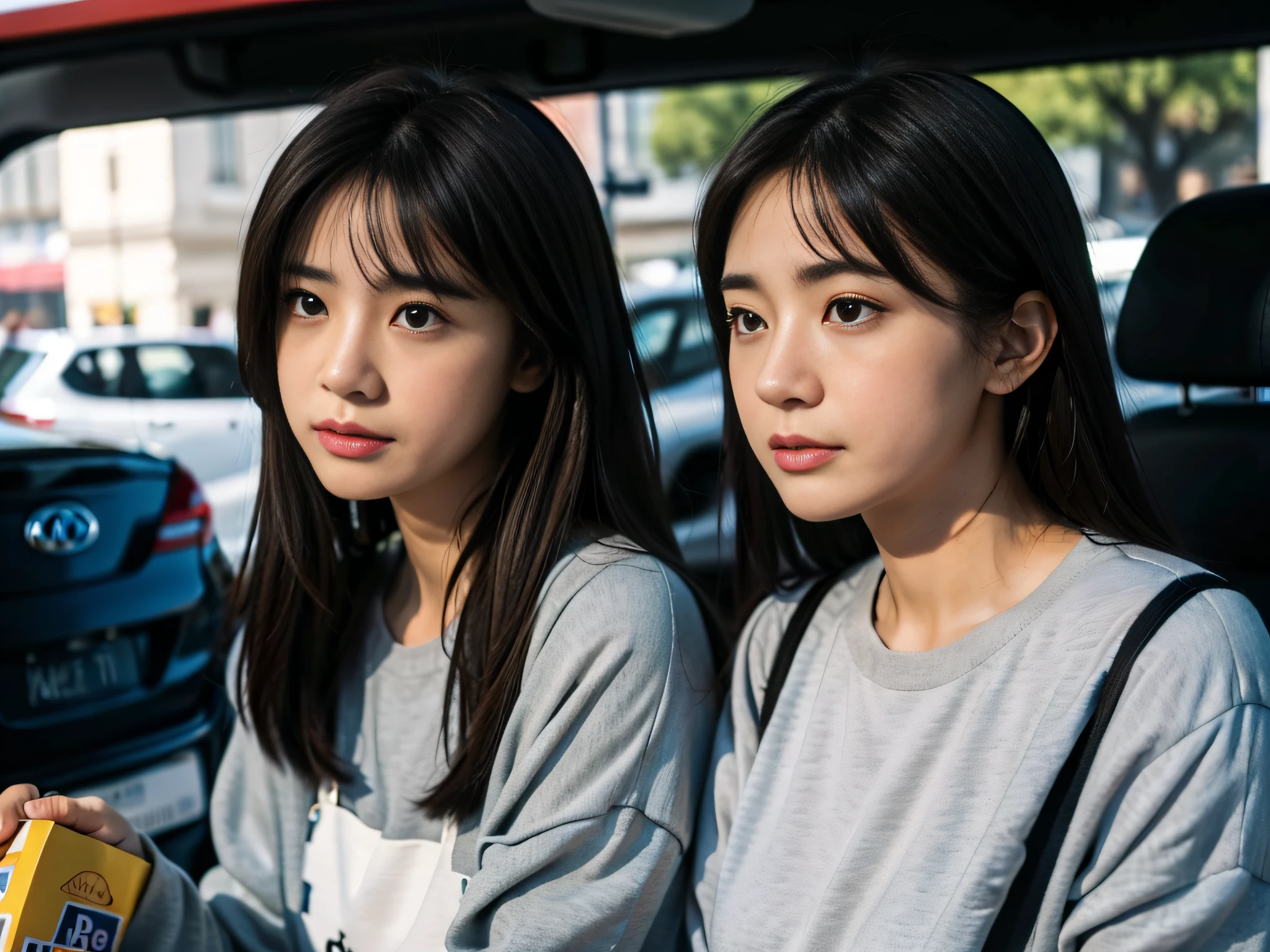"2 women wearing house clothes,Buy car supplies at the supermarket,sface focus,Detailed facial expressions"