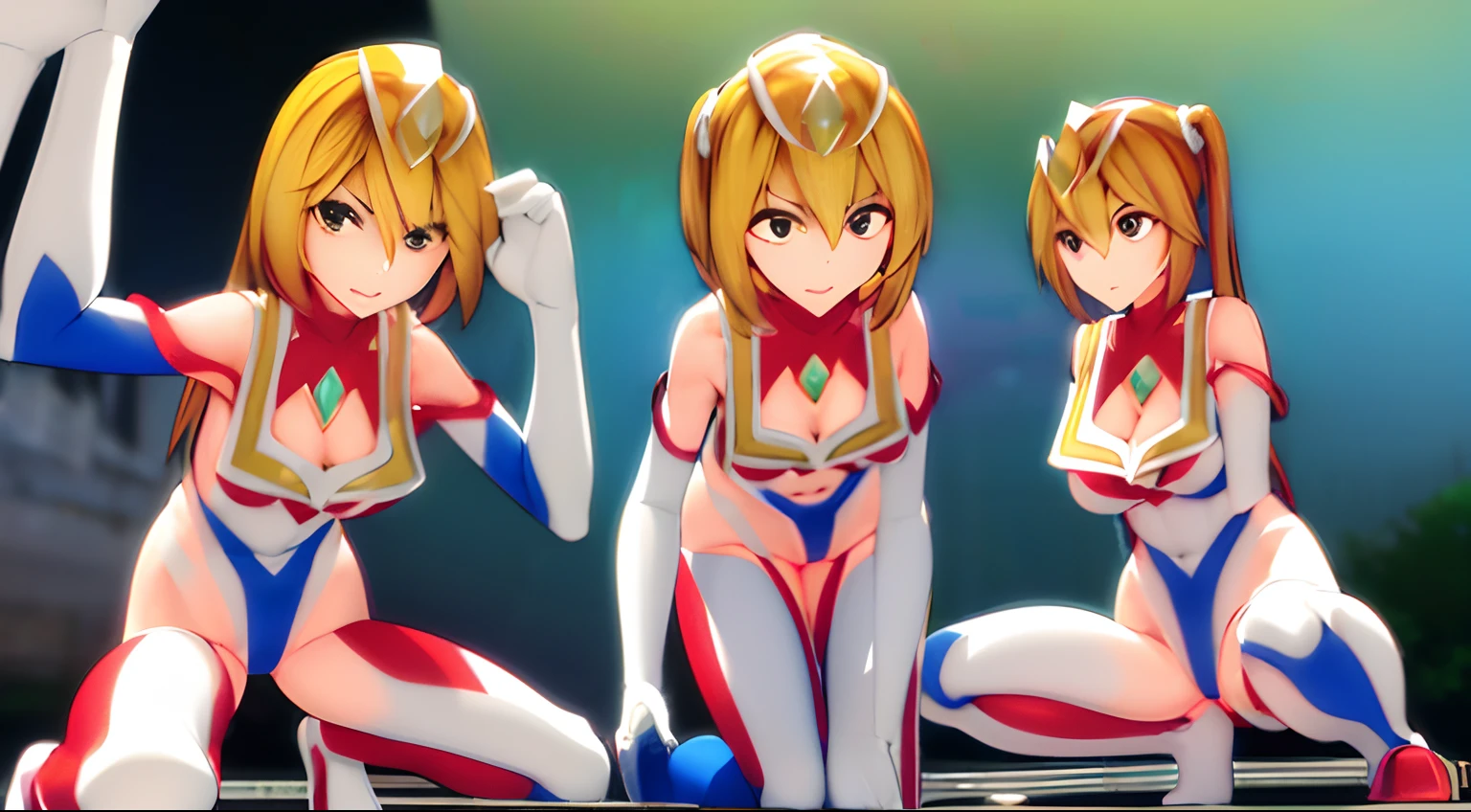 (Masterpiece, Best quality) Detailed, character sheets, Many items (The same person, Ultra beam, Red_Pedras preciosas_On_chest, black_Pedras preciosas_On_chest, Arms, Legs, Many parts), Ultramandina, 1girll, Serious, V-shaped eyebrows, on one knee, Full of details.