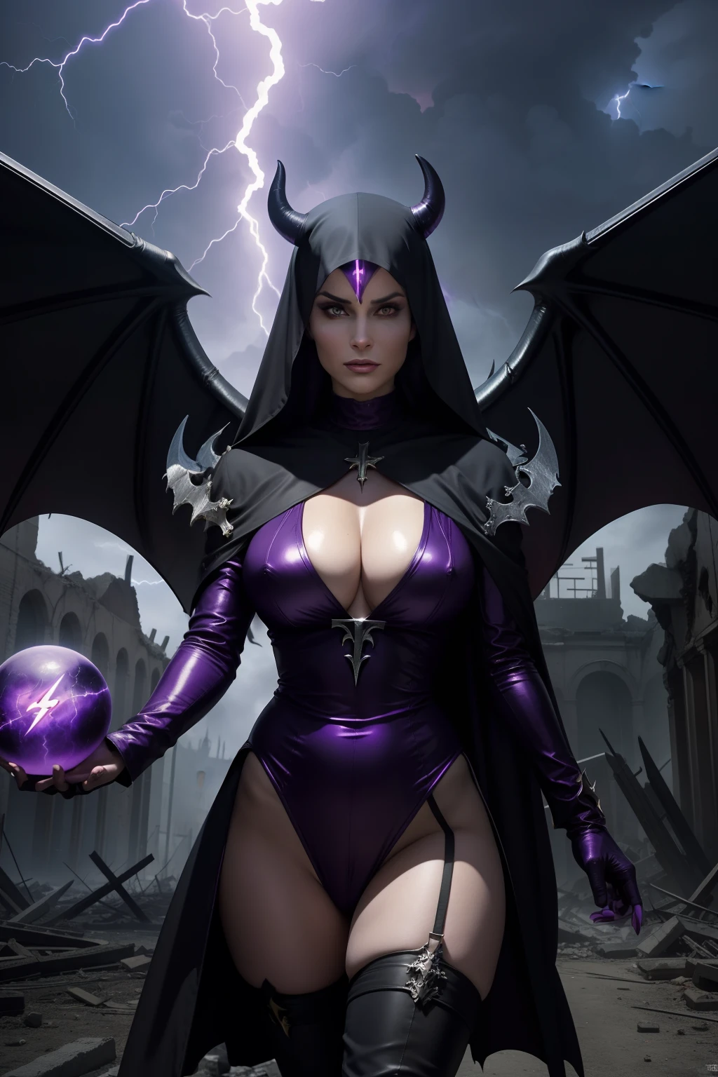 Lisa Ann: The evil nun, Demon horn, Demon wings on the head , His hands preparing a sphere of purple energy, diabolique, insidieux, Lightning strikes the post-apocalyptic ruins of a city , Context of the Satanic Church