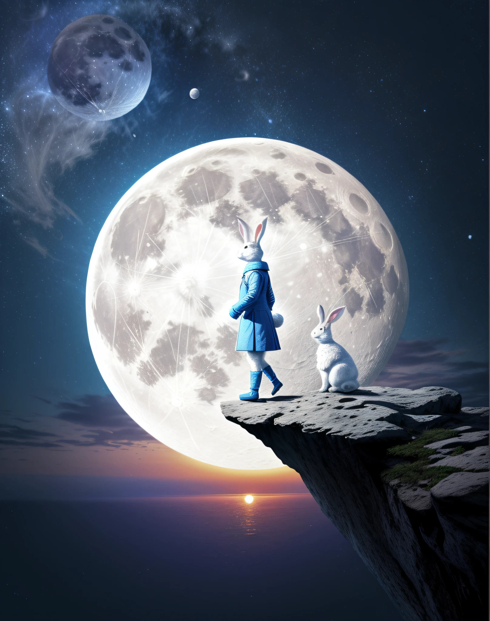 There was a rabbit standing on a cliff，The background is the earth in the sky, A ball in blue，standing on the rock, wallpaper - 1 0 2 4, High quality wallpaper, Walking on the moon, to the moon, big white moon background, looking at the full moon, White rabbit, high quality desktop wallpaper, Full moon background