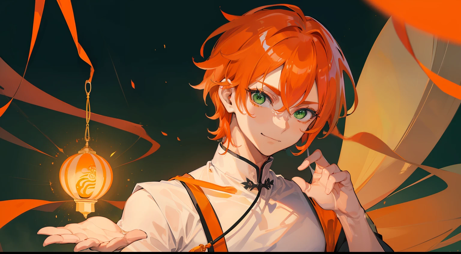 Smile,(((Guy))), (((man))), (((Man's))),(((masutepiece))), (((Beautiful lighting))),(((muscular))),(((man))),(((40 years),(((Green eyes))),(((Orange hair))), Male face,male eyebrows, Male Eyes, Eyelashes, Medium Hair,Beautiful face, v shaped_eyebrow,White skin,Transparent wings,Chinese_Clothes,(((Black clothes,)))garters_lanyard, See-through,The light of the Buddha shines, holy,