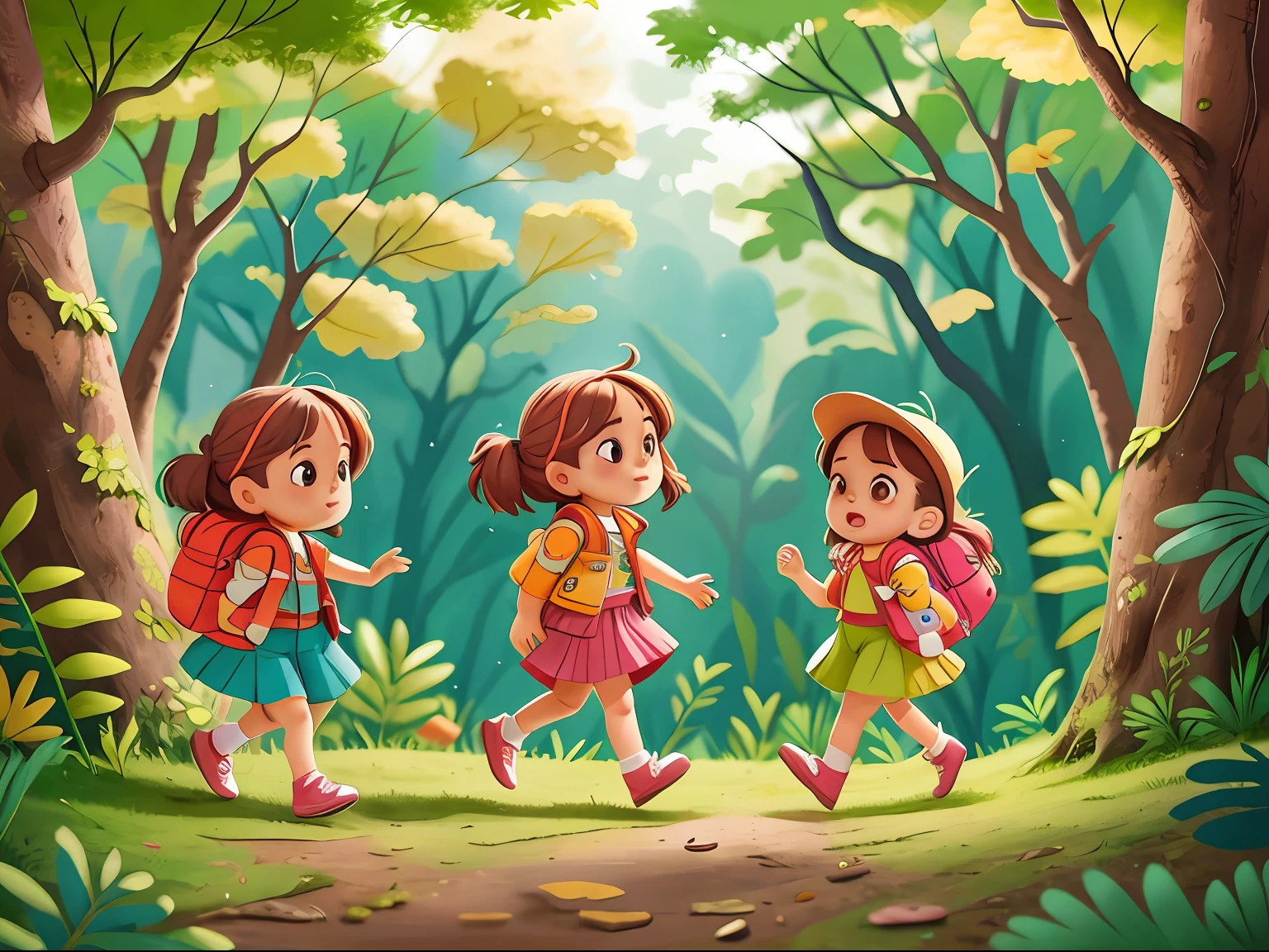 3 amigas voltando pra casa, depois d uma aventura na floresta,