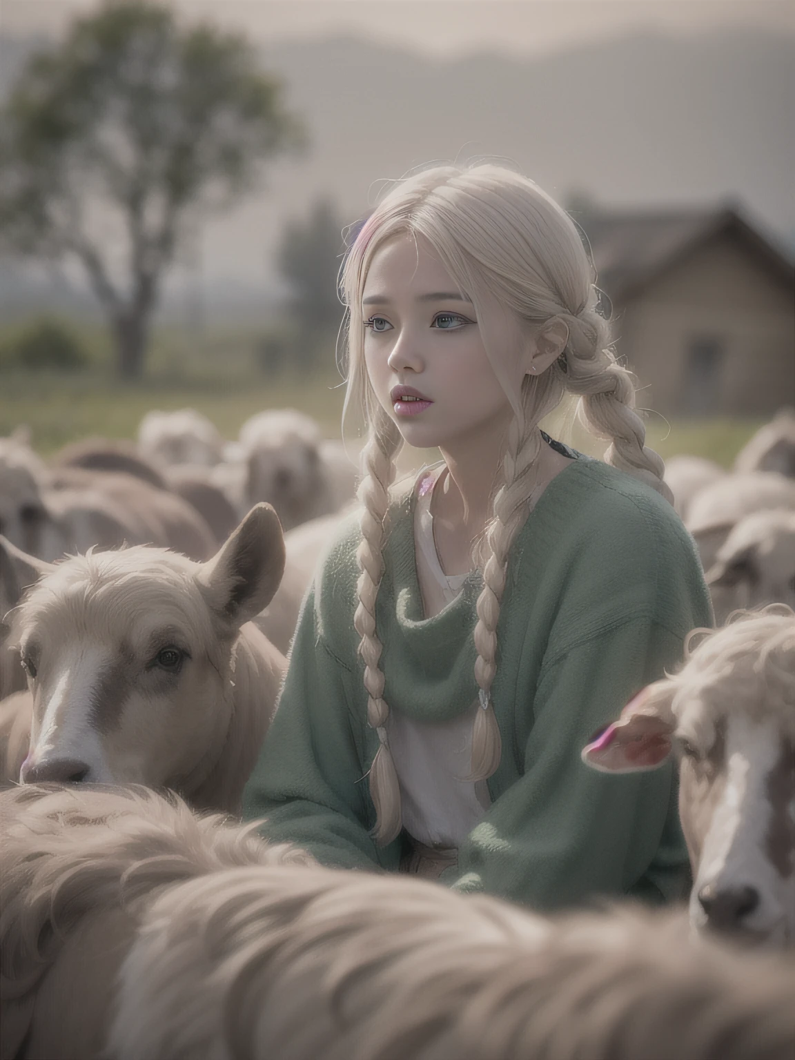 Then、The sheep called out to him from the wormy belly, If they are bloated in the field, He was a pastoralist, The school building is almost the size of flax and empty-handed....,Correct human anatomy,White hair, Twin braids, Long hair, Wide Shot, wide angles, F/16, 35 mm, Super Detail, Textured skin, high details, High quality, Best Quality, hight resolution, awardwinning,Familiar shepherd girl,extremely beautiful lady,Photoquality,Realistic Girl,milky skin,Realistic Girl,15yo girl,Cute little girl s,((Rustic shepherd's clothes)),small tits,Thin leg,Whitehair,Blue eyes,You can see a small old wooden school building in the distance,Father and daughter are in the picture.,Nostalgia effect,Effects of romance movies,