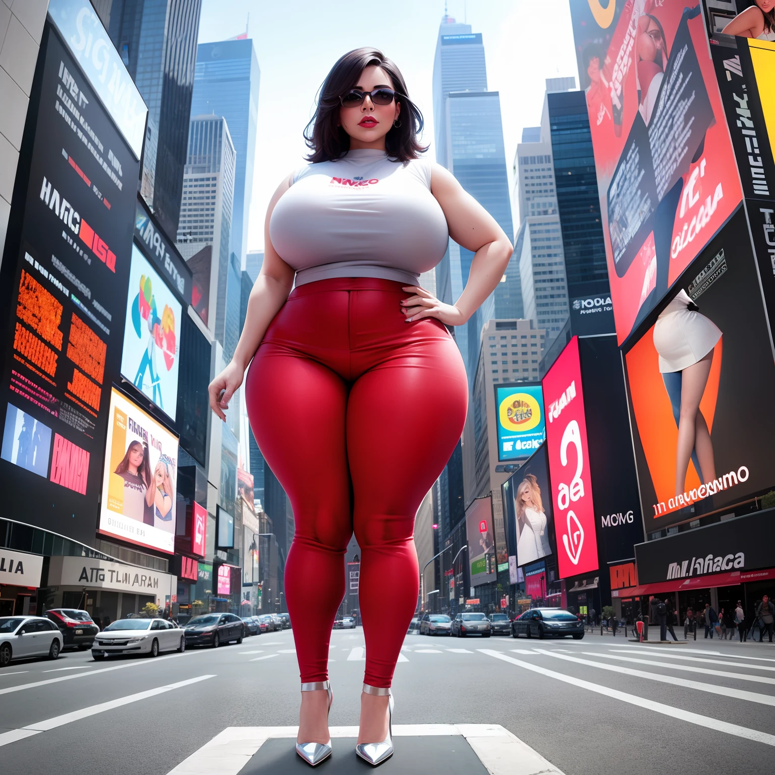Mujer Araffe con un top blanco y pantalones rojos posando para una foto, Thicc, Figura completa hiperrealista, En el centro de Nueva York, hermosa hembra gruesa, en la ciudad, cuerpo grueso, gothic city streets behind her, Foto gigante de la diosa impresionante, La Madre Tierra de figura completa, Modelo atractivo de talla grande, Foto giganta muy detallada, De pie en Time Square