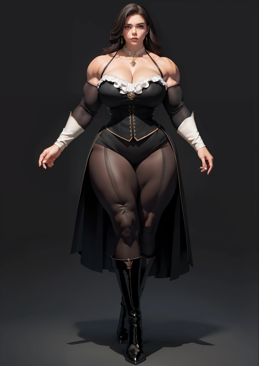 tmasterpiece,The best lighting,perspire,Full body like,Walk,Burly woman,Exaggerated large muscles,Formal suits,blackstockings,Pointed-toe boots,Beautiful and charming woman face, 1female,Thin waist,Very broad shoulders, Strong and powerful arms,Stout arms,Thick and powerful leg muscles,long leges