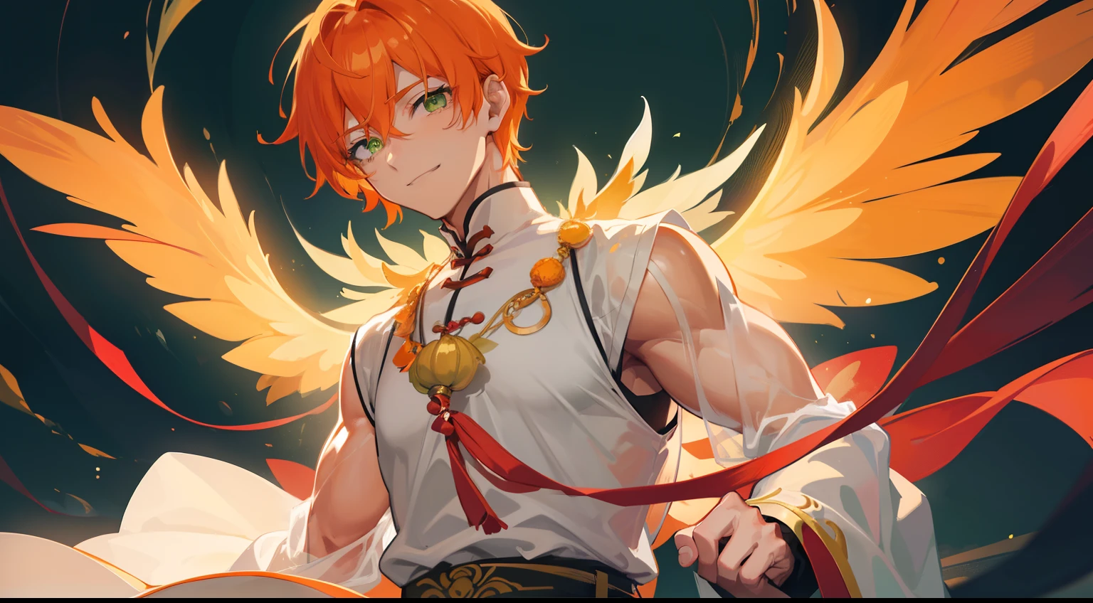 One guy,is crying,Smile,(((Guy))), (((man))), (((Man's))),(((masutepiece))), (((Beautiful lighting))),(((muscular))),(((man))),),(((Green eyes))),(((Orange hair))), Male face,male eyebrows, Male Eyes, Eyelashes, Medium Hair,Beautiful face, v shaped_eyebrow,White skin,Transparent wings,Chinese_Clothes,(((Black clothes,)))garters_lanyard, See-through,The light of the Buddha shines, holy,