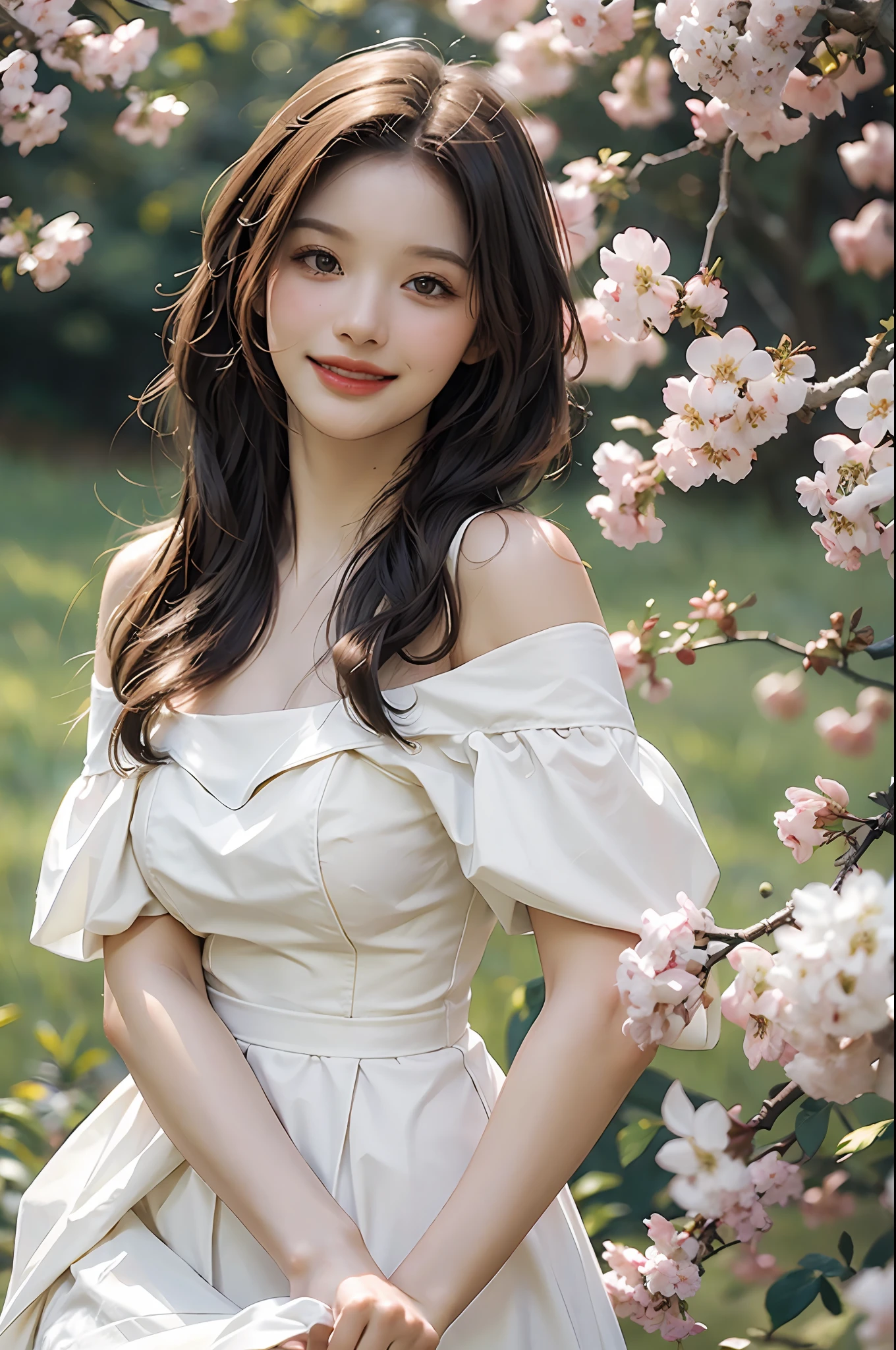 Best quality, masterpiece, ultra high res, (photorealistic:1.4), raw photo, 1girl, white dress, off shoulder, blossom flower field, glowing skin, light smile