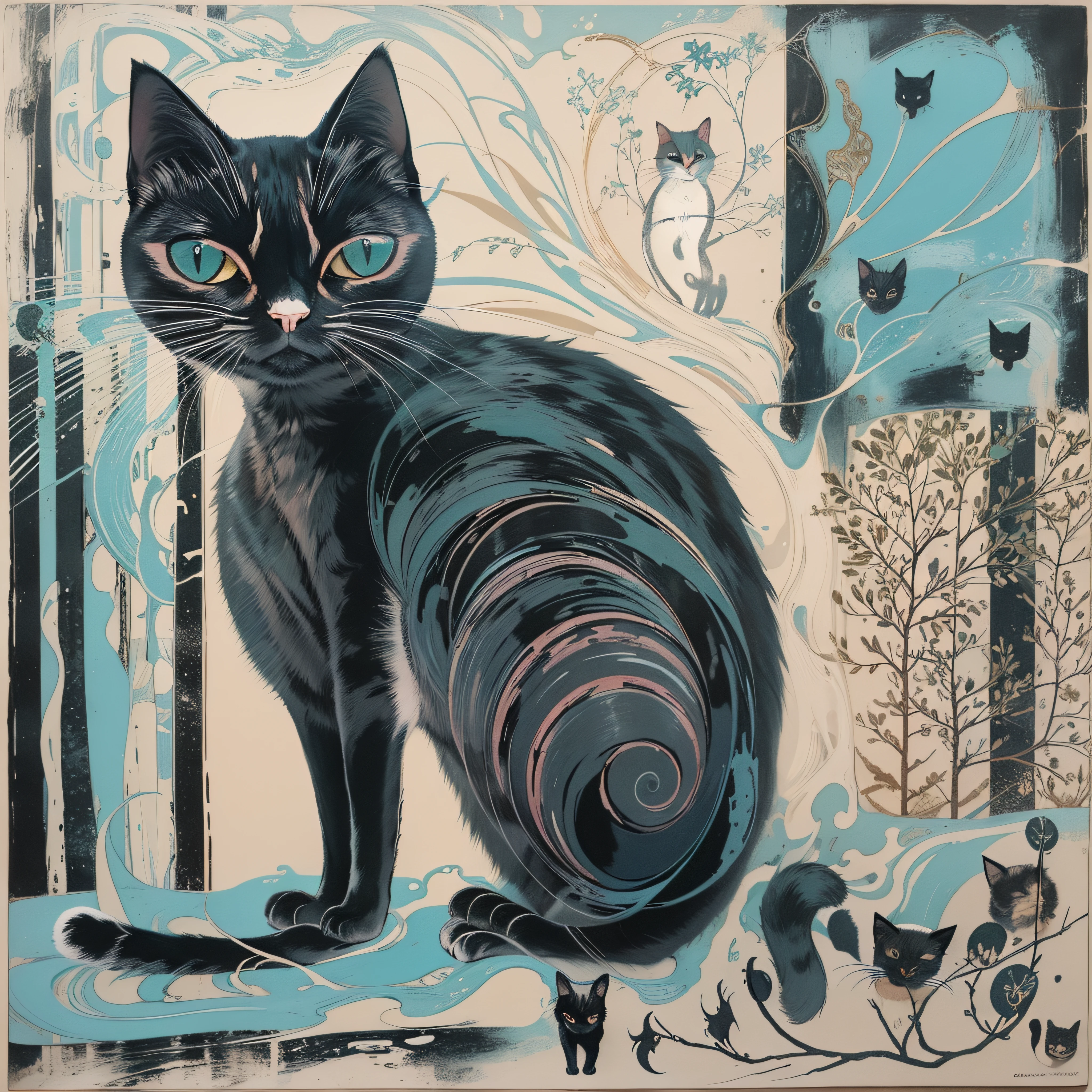 Cat in art, Main color Black, Secondary colorBlue, Pastel pink background, artistic, Sophisticated, Warm style, Shapes include abstract cats, Playful forms, Elegant piece, Textures include fur textures, Smooth paint, Texture of the fabric, The lines contain graceful lines, Natural curves, Delicate silhouette, The shape is elegant, approachable, Expressive, Aesthetic.