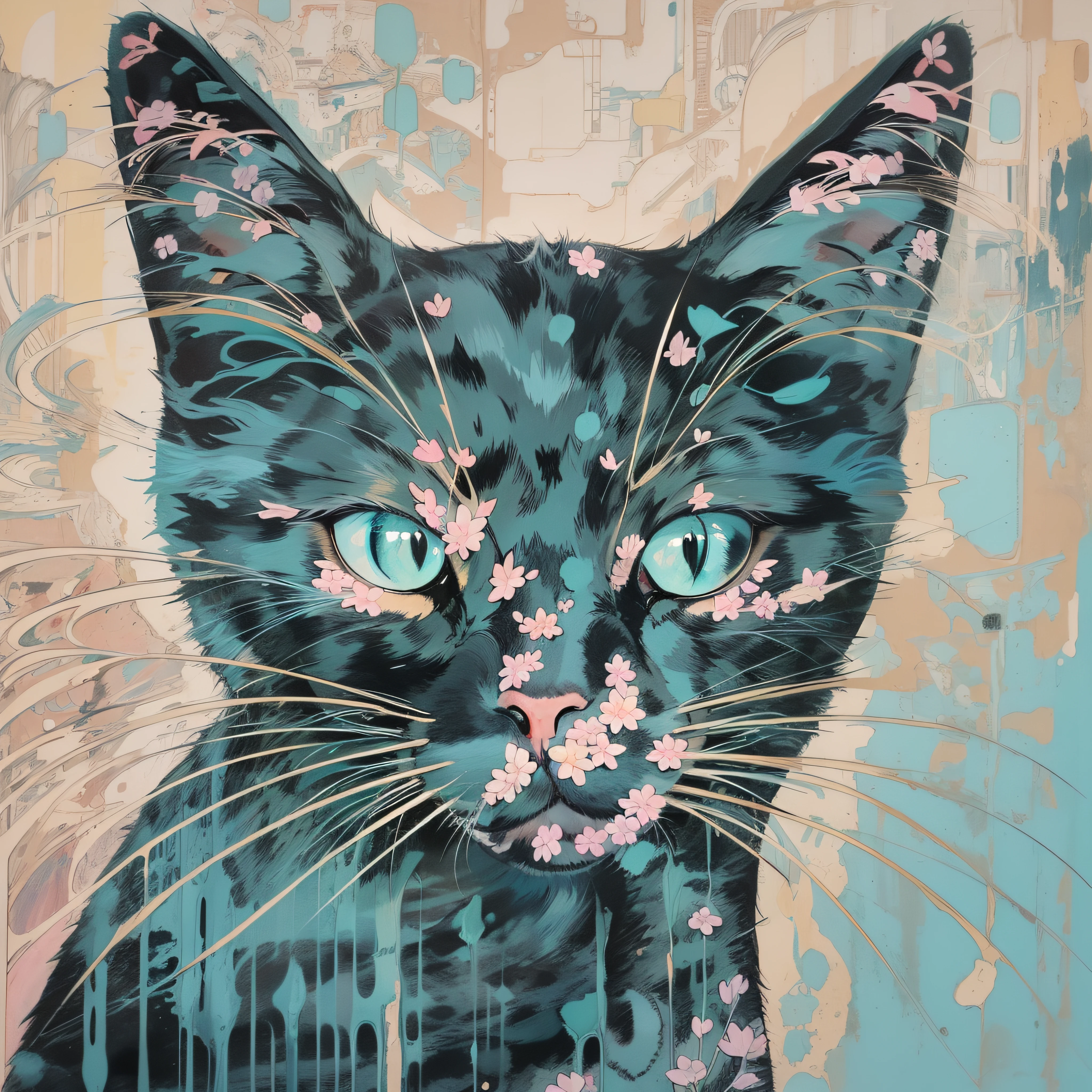 Cat in art, Main color Black, Secondary colorBlue, Pastel pink background, artistic, Sophisticated, Warm style, Shapes include abstract cats, Playful forms, Elegant piece, Textures include fur textures, Smooth paint, Texture of the fabric, The lines contain graceful lines, Natural curves, Delicate silhouette, The shape is elegant, approachable, Expressive, Aesthetic.