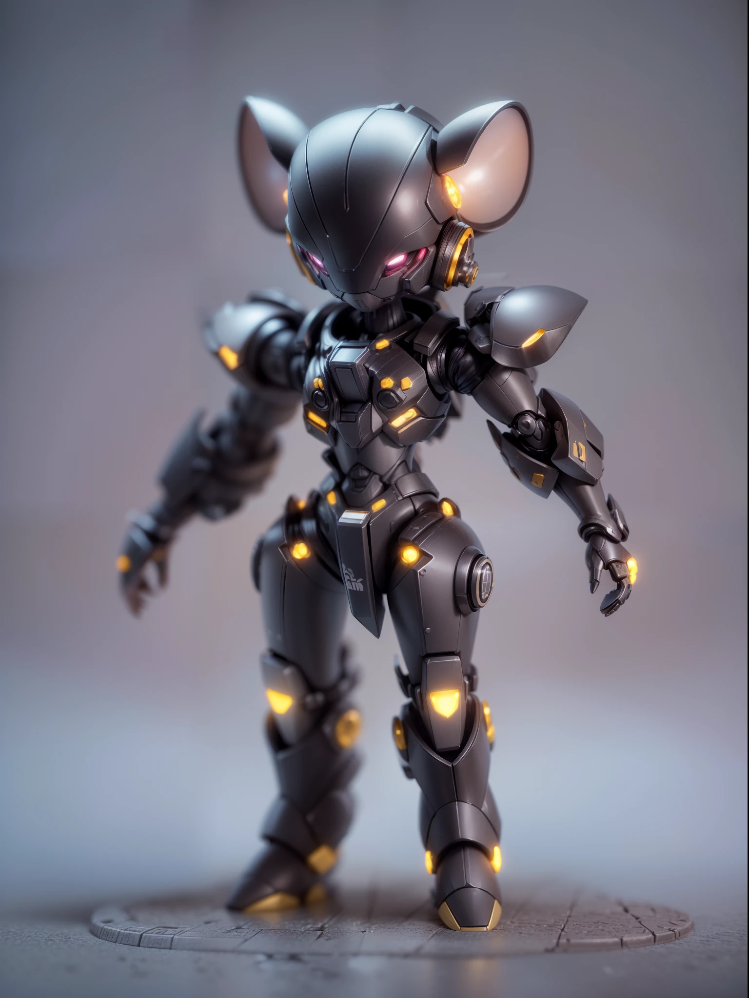 (Blind box toy style:1.3),((Full body shot))(anthropomorphism) , (1 strong mouse mecha warrior)(((solo))) metal mecha,dreamy glow, Clean dark background,Brown black style,(circular base)( Global illumination, Ray tracing, hdr, unreal render,reasonable design, high detail, Masterpiece, Best quality, hyper HD, Cinematic lighting)