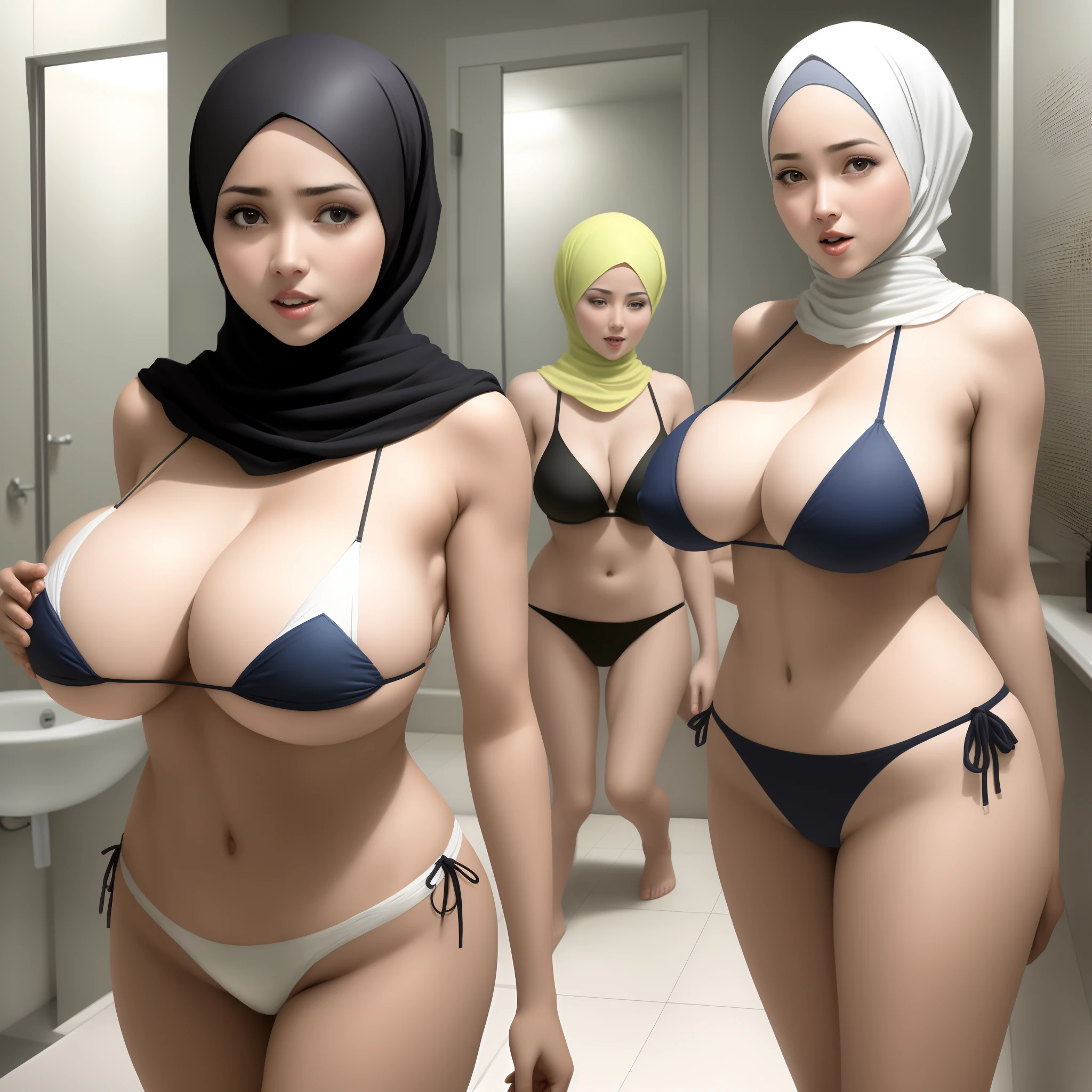 Group of woman, hijab, big breast, bikini, bathroom