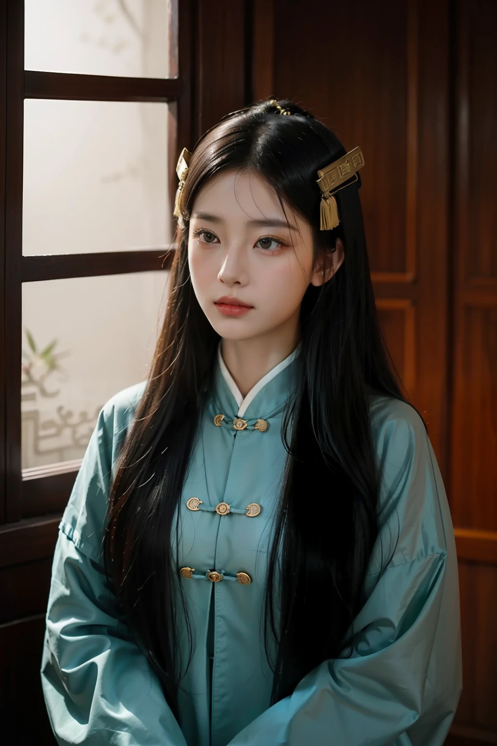 Tang dynasty ancient style girl wearing Han clothes,There are ancient Chinese headdress hairpins on the head,Long black hair coiled,Soft light is in the antique room of the Tang Dynasty,She was thinking with a fan,Some sadness,Preoccupied