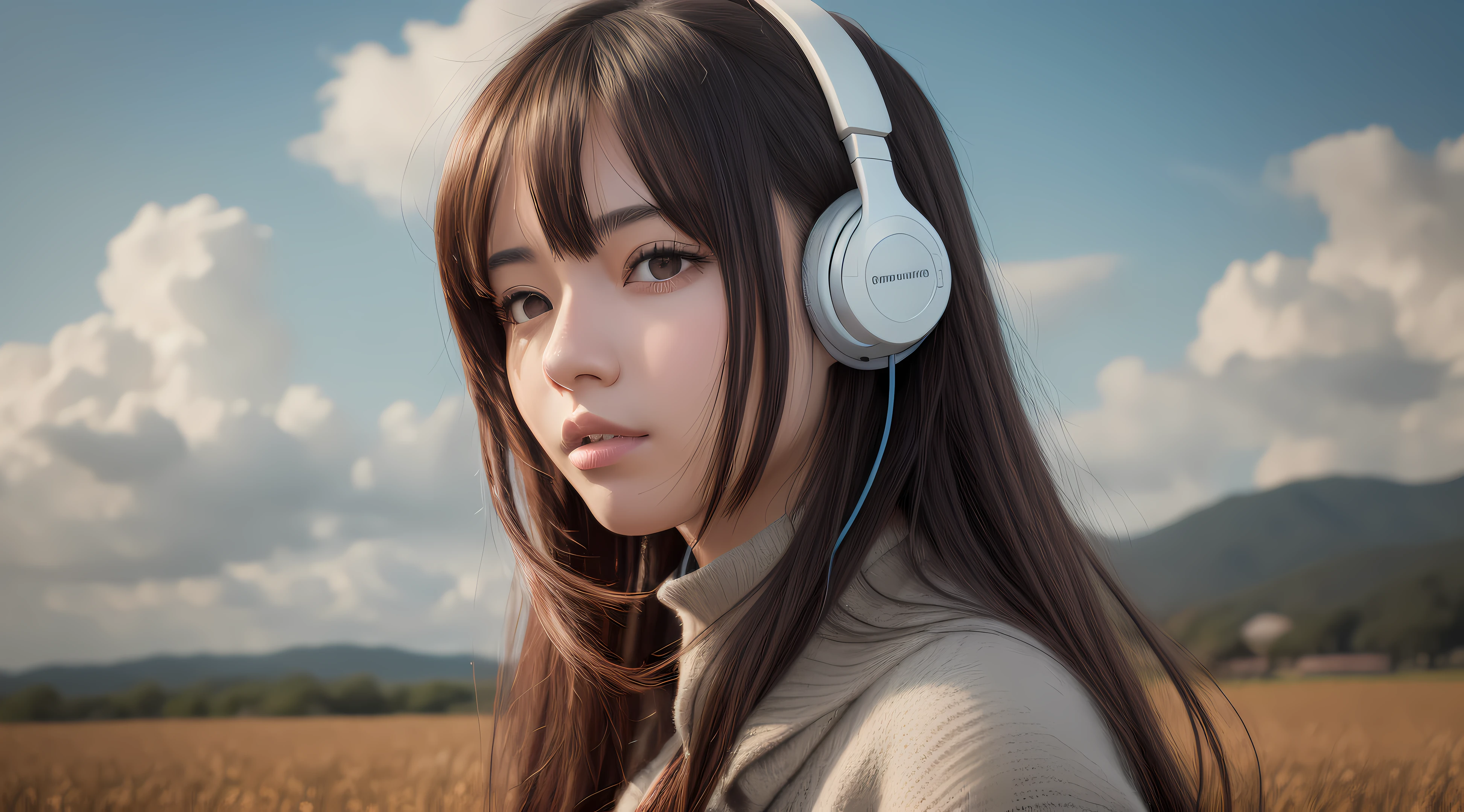 an anime girl wearing headphones and standing in a field, in the style of realistic hyper-detailed portraits, cabincore, earthy colors, ambitious, dinopunk, atmospheric clouds, bold, manga-inspired characters