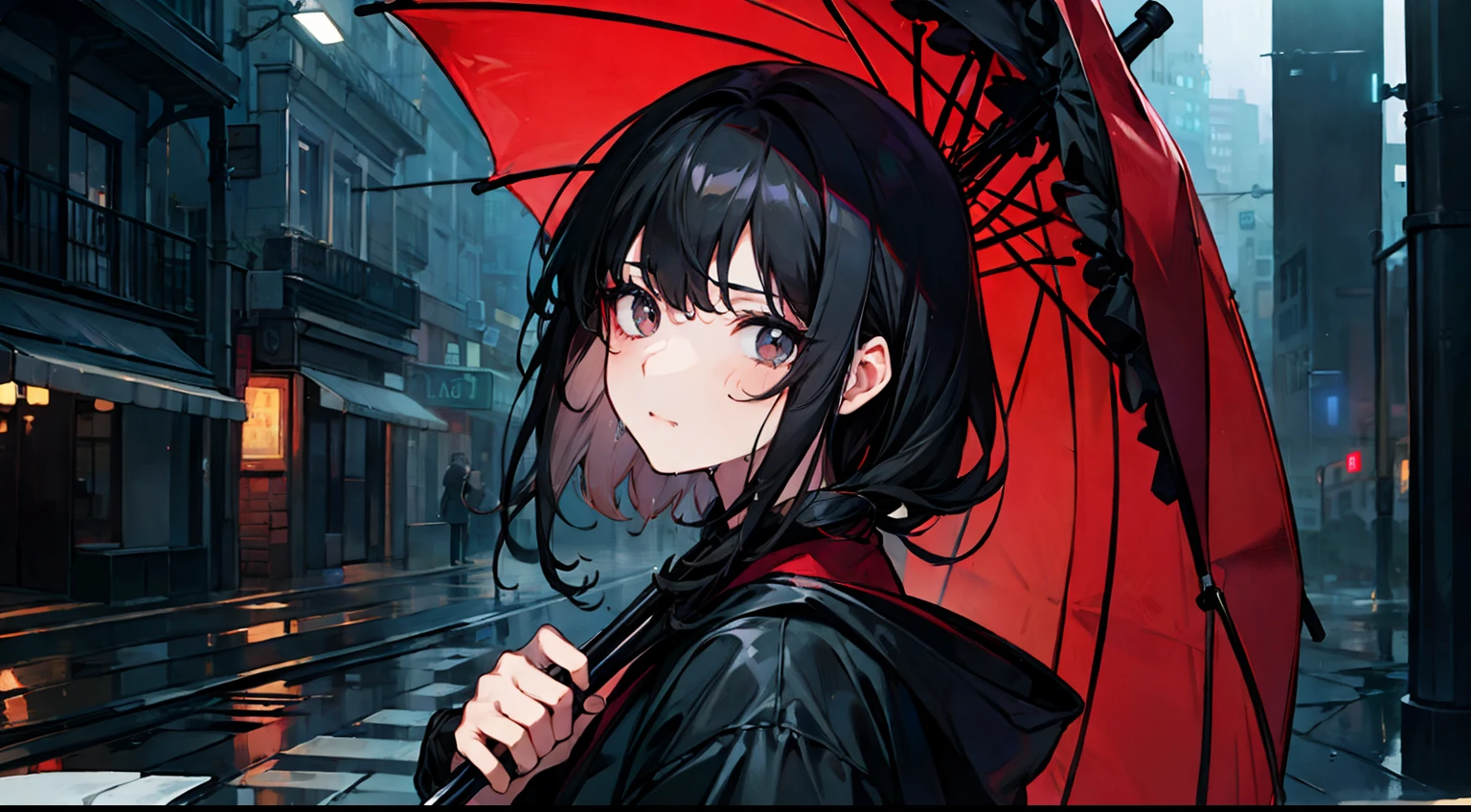 ((Masterpiece)),(((Best quality))), (high high quality, Breathtaking),(Expressive eyes, Perfect face), Black hair and black eyes，shoun，Wet streets，Night lights，Red umbrella
