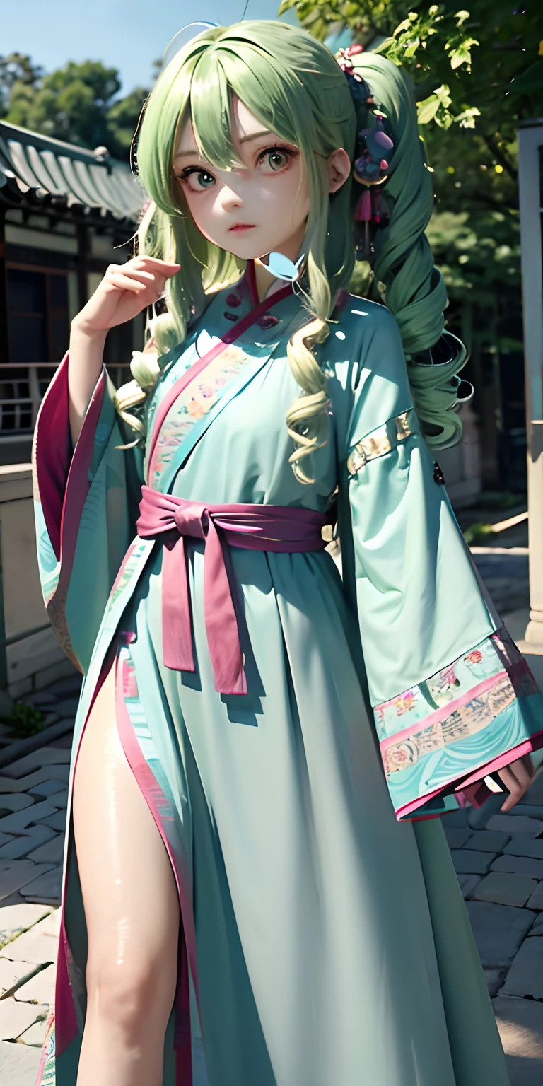 Need,tmasterpiece,Light light green hair,Pink eyes,Blue-pink long dress,Look up,The upper part of the body,Hairline,Fair skin,Slightly curly hair,Flowing skirt,Chinese Hanfu