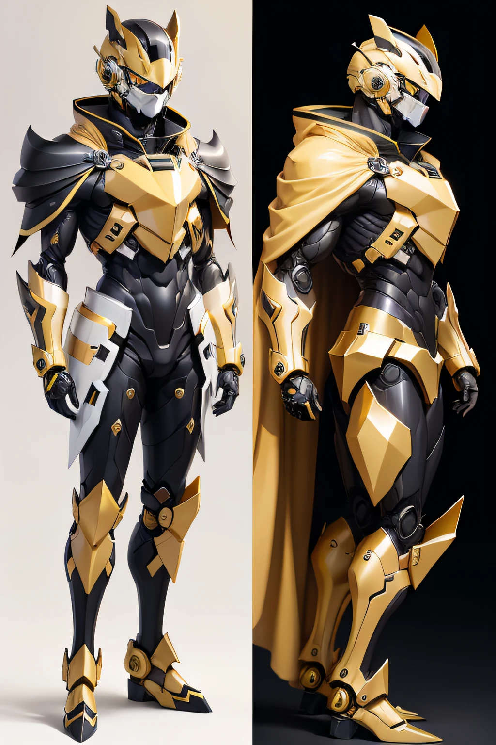 Cape Bucket Hata Exoskeleton Mecha Man Anime Man Black and Gold Color Scheme Three Views Action Stance Full Body White Edition Helmet Handsome
