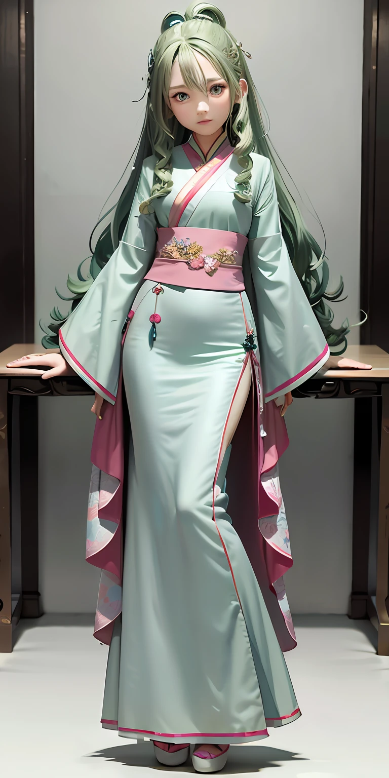 Need,tmasterpiece,Light light green hair,Pink eyes,Blue-pink long dress,Look up,The upper part of the body,Hairline,Fair skin,Slightly curly hair,Flowing skirt,Chinese Hanfu