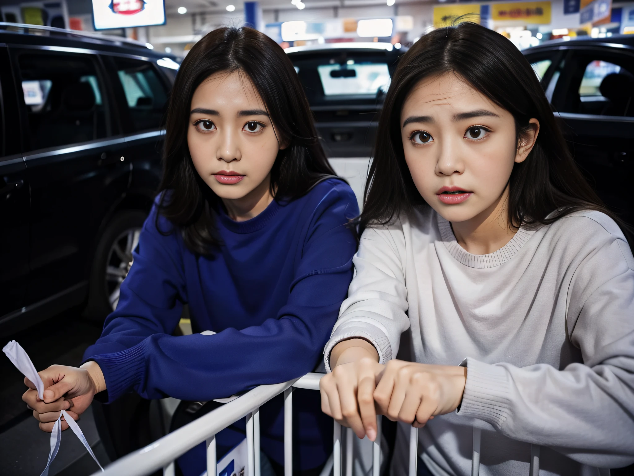 "2 women wearing house clothes，Buy car supplies at the supermarket，sface focus，Detailed facial expressions"