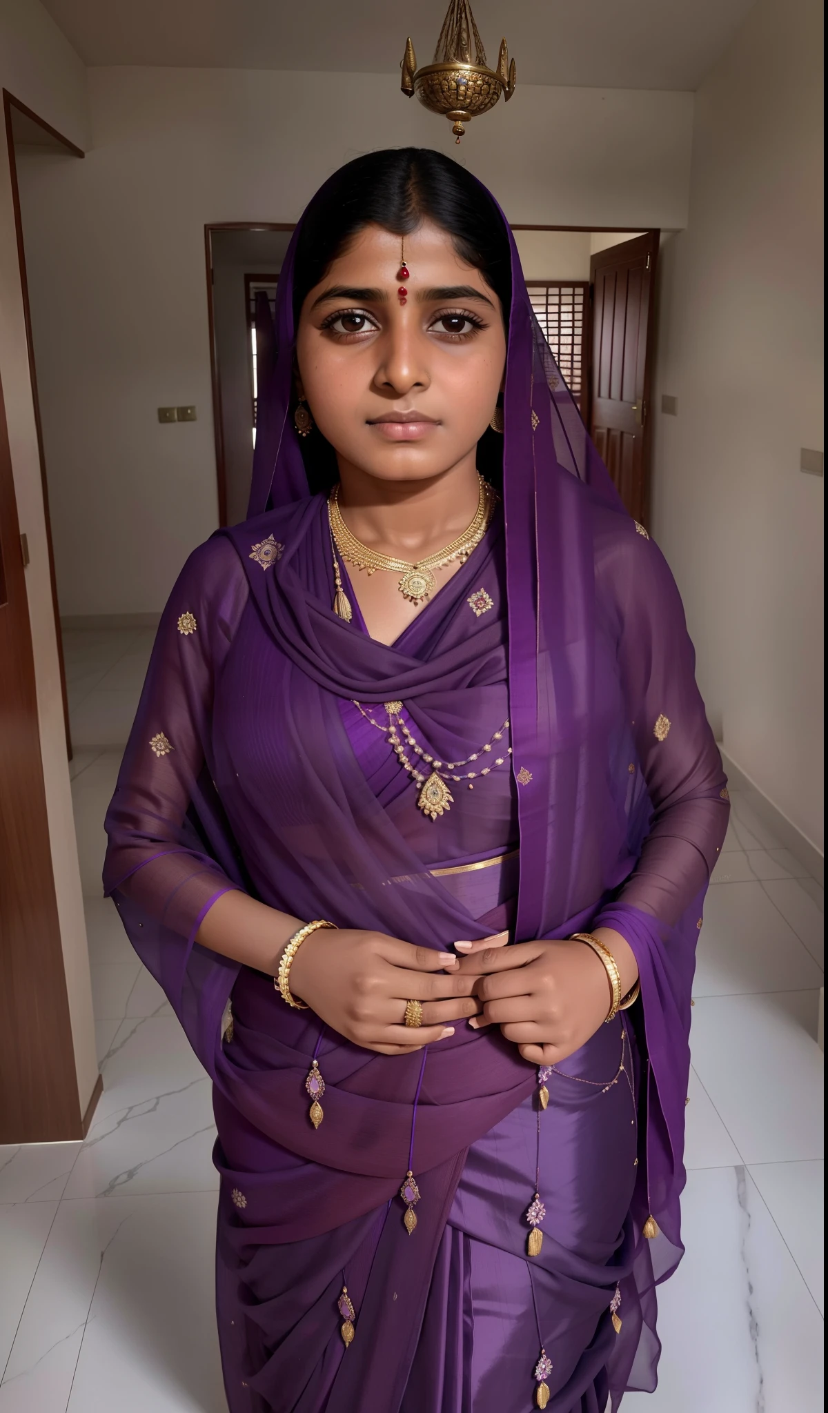 araffe woman in a purple sari standing in a room, traditional beauty, around 1 , indian, faridah malik, very very low quality picture, very very beautiful woman, 3 0 years old woman, 30 years old woman, taken in the early 2020s, photo of a woman, inspired by Riza Abbasi