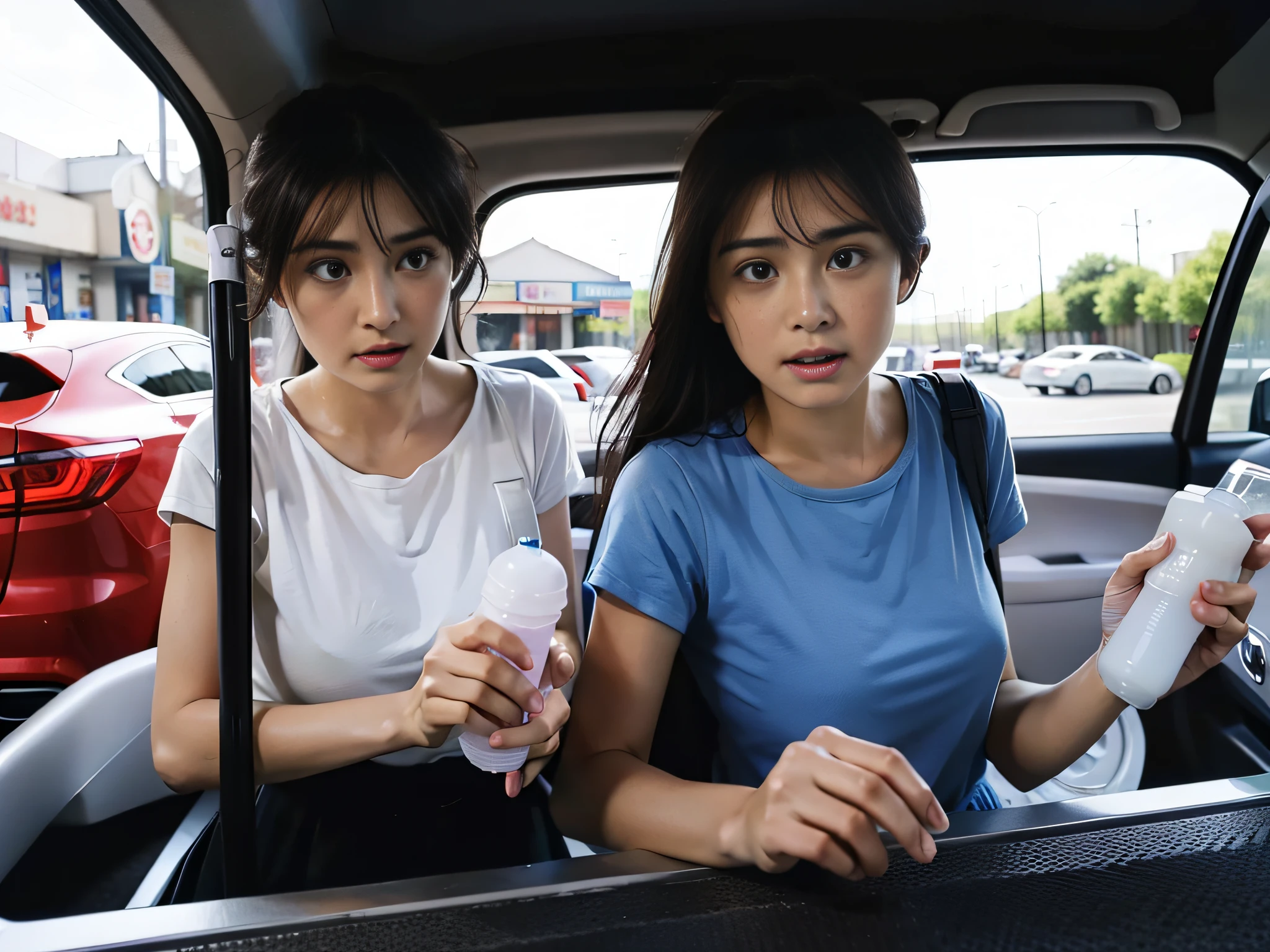 2 women buy car glass washer at a supermarket selling car supplies,Clear facial expressions,sface focus