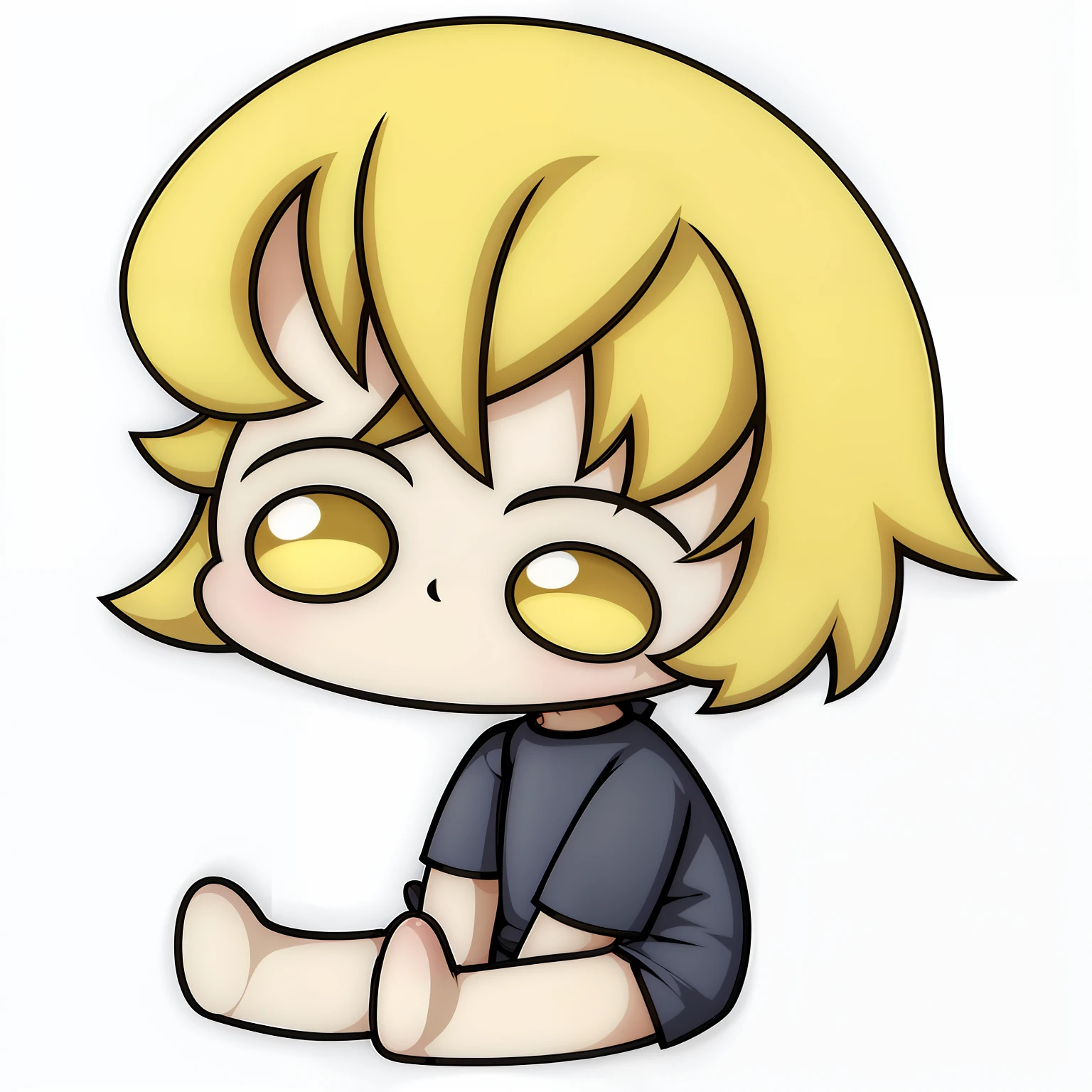 A cartoon girl with blonde hair and yellow eyes sitting on the floor, Chibi, [[[[sorrindo malvado]]]], ****** loiro com olhos amarelos, avatar com um cabelo loiro, em estilo anime, Anime Chibi, Nice Cartunesco, ( ( Massa Amane # ) ), cel sombreado!!!, em estilo anime, TAGS: blonde hair