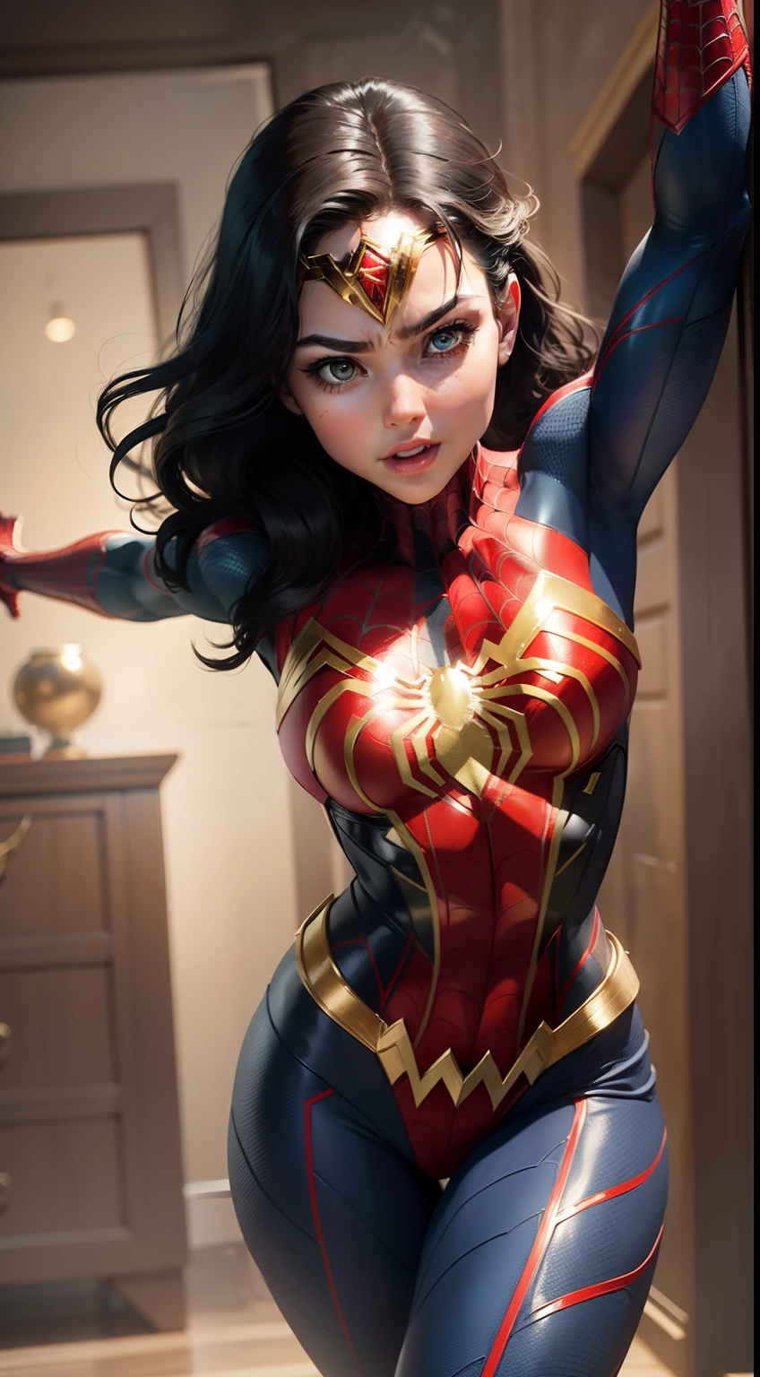 Imagine a Spider-Man costume that merges the elegance of Wonder Woman's armor with Spider-Man's agility. Incorporate Amazonian motifs and a golden-red color scheme