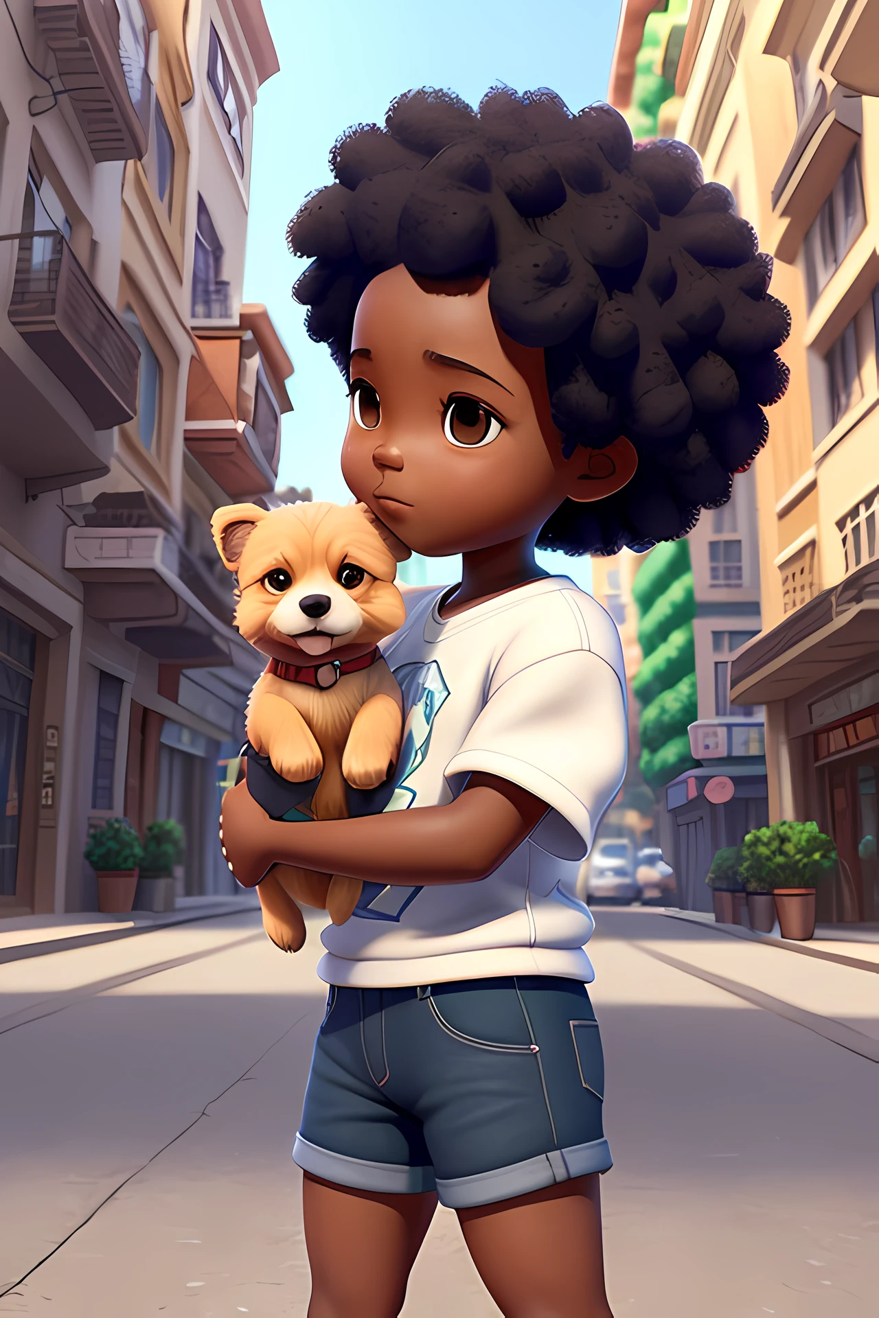 3D a cartoon character holding a small dog on a city street, black girl, movie artwork, clean photo, ghailan!, as a pixar character, cute young man, afro hair, grace and blessing, rendered in unreal, movie promotional image, rendered image