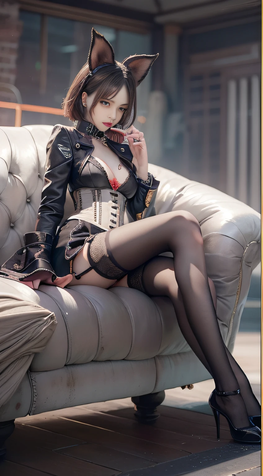 NSFW, masutepiece, 4K, Award-winning, Very classy, Extremely beautiful, Extremely beautiful woman, Very narrow eyes and face, wearing corset, black garter belt and stockings, (((Very small breasts: 1. 2))), Woman sitting on sofa with chain around waist, 2b, 2 b, Beautiful steampunk anime woman,. G-Wise at Pixiv Art Station, Gwise on Art Station Pixiv, guweiz, By Jan J, Artwork in the style of Gwise, Gwise's masterpiece, rococo cyberpunk , very tight corset, very sexy costume, Very delicate face and skin texture, Delicate eyeliner double eyelids, long eyelashes, Nice double eyelids, Very fine eyeshadow, Narrow eyes, three white, Dark Eye Makeup, evil smile, Pretty, nice legs, Tie short hair back, very sexy costume, Sticky tongue, Vaginal promiscuity, Vaginal discharge, Squirting, Photo 4 Kodak Portra 400 camera and f1.6 6-color lens, ultra realistic textures, Dramatic LightingUnreal Engine Art Station CineStar 800 Trendy Tungsten Light, heels, Stockings